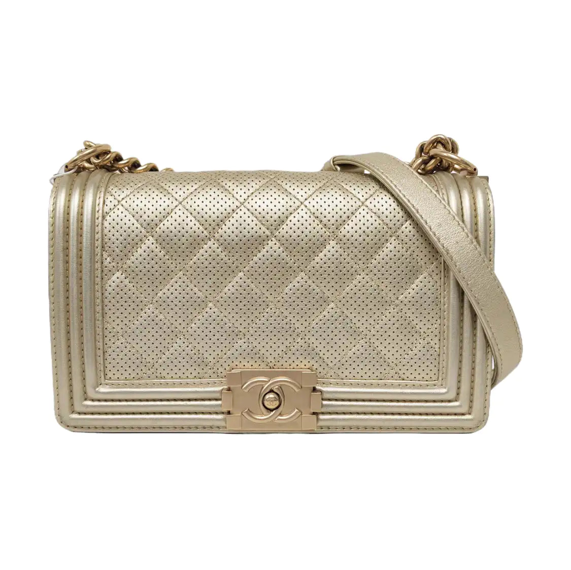 CHANEL BOY CHANEL Medium Size Champagne Calfskin Quilted Crossbody Bag Shoulder Bag Golden Hardware 20 Opening Removable Strap-(SKU)-956086574