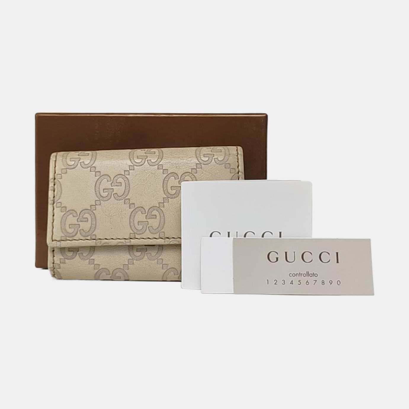 GUCCI White Leather Monogrammed Key Case Golden hardware-(SKU)-956774135