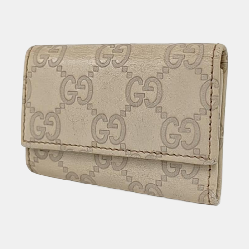GUCCI White Leather Monogrammed Key Case Golden hardware-(SKU)-956774135