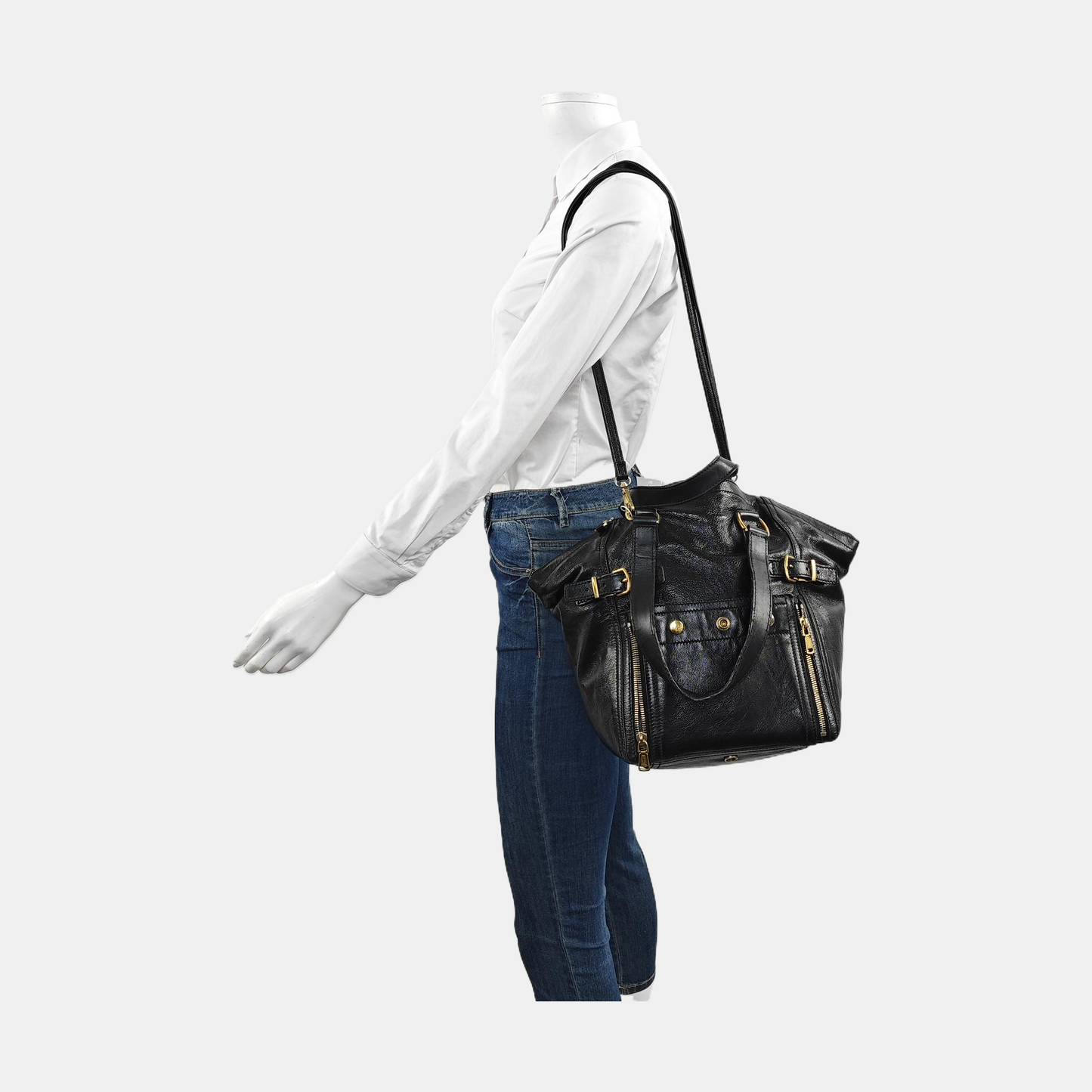 YSL Black Cowhide Studs Tote Handbag Golden hardware-(SKU)-956655184