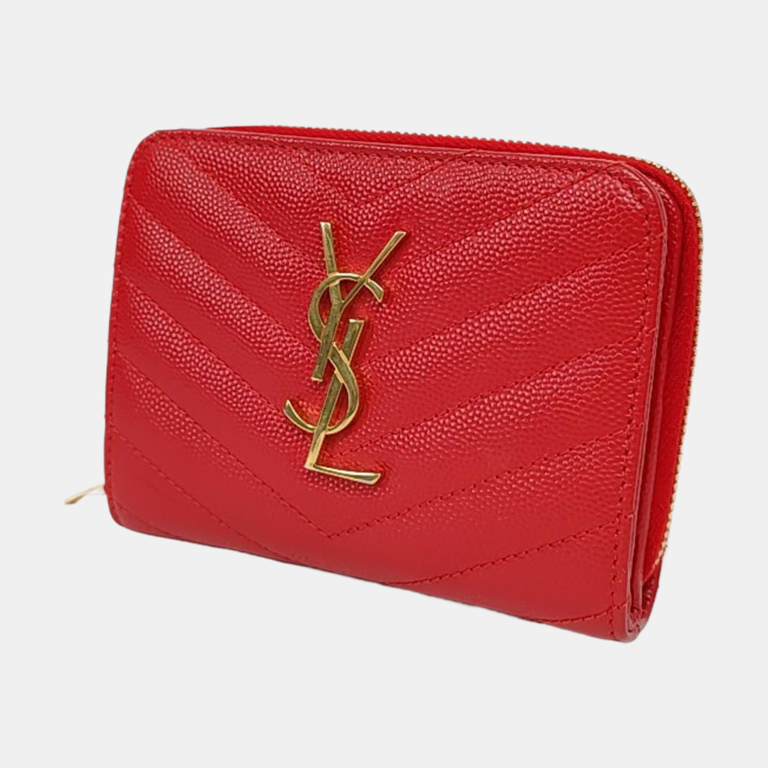 YSL MONOGRAM 红色牛皮绗缝V纹钱包 Golden hardware-(SKU)-956982328