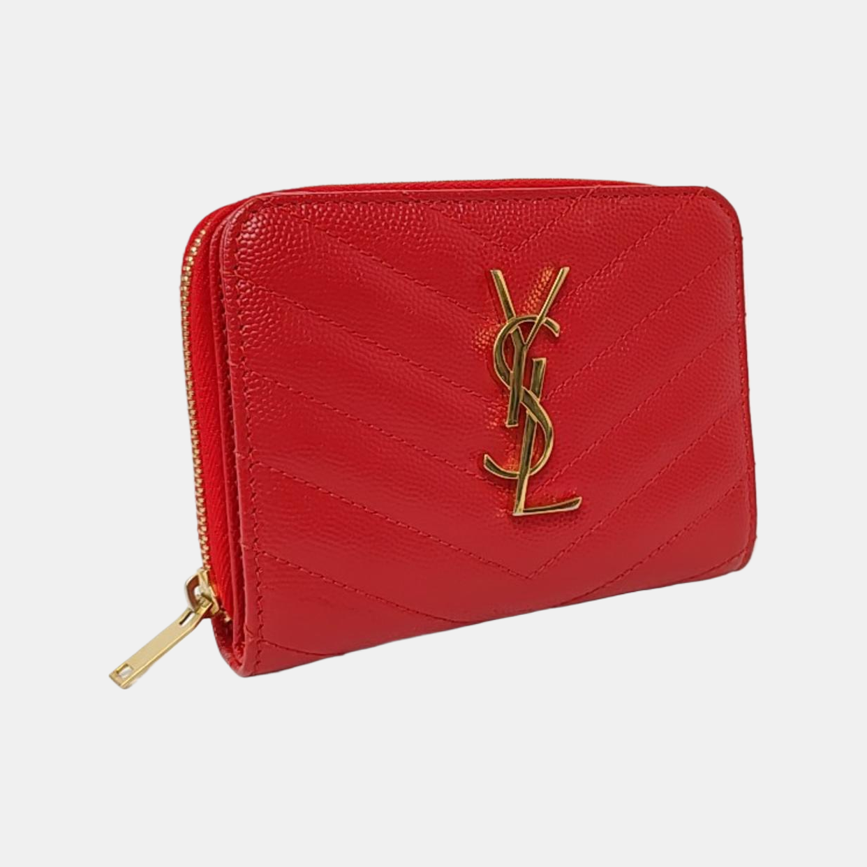 YSL MONOGRAM 红色牛皮绗缝V纹钱包 Golden hardware-(SKU)-956982328