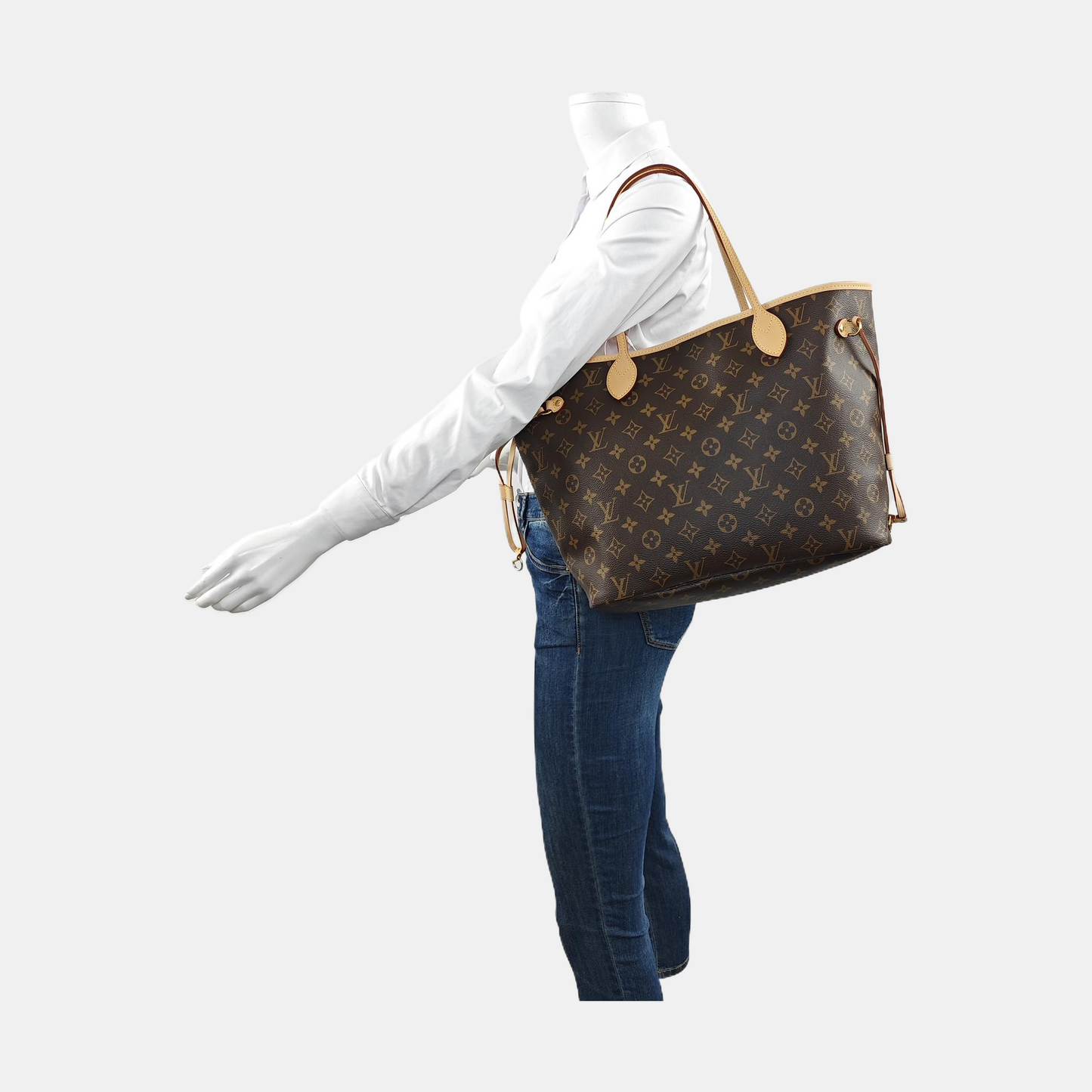 LOUIS VUITTON NEVERFULL Medium Size Brown Coated Canvas Monogram Shopping Bag Shoulder Bag Handbag with Complete Accessories Gold Hardware-(SKU)-956798304