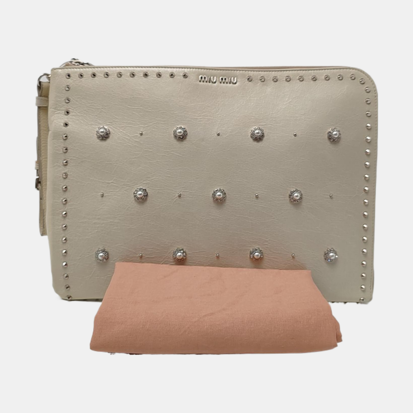 Miu Miu Beige Cowhide Studs Handbag Silver Hardware-(SKU)-957040349