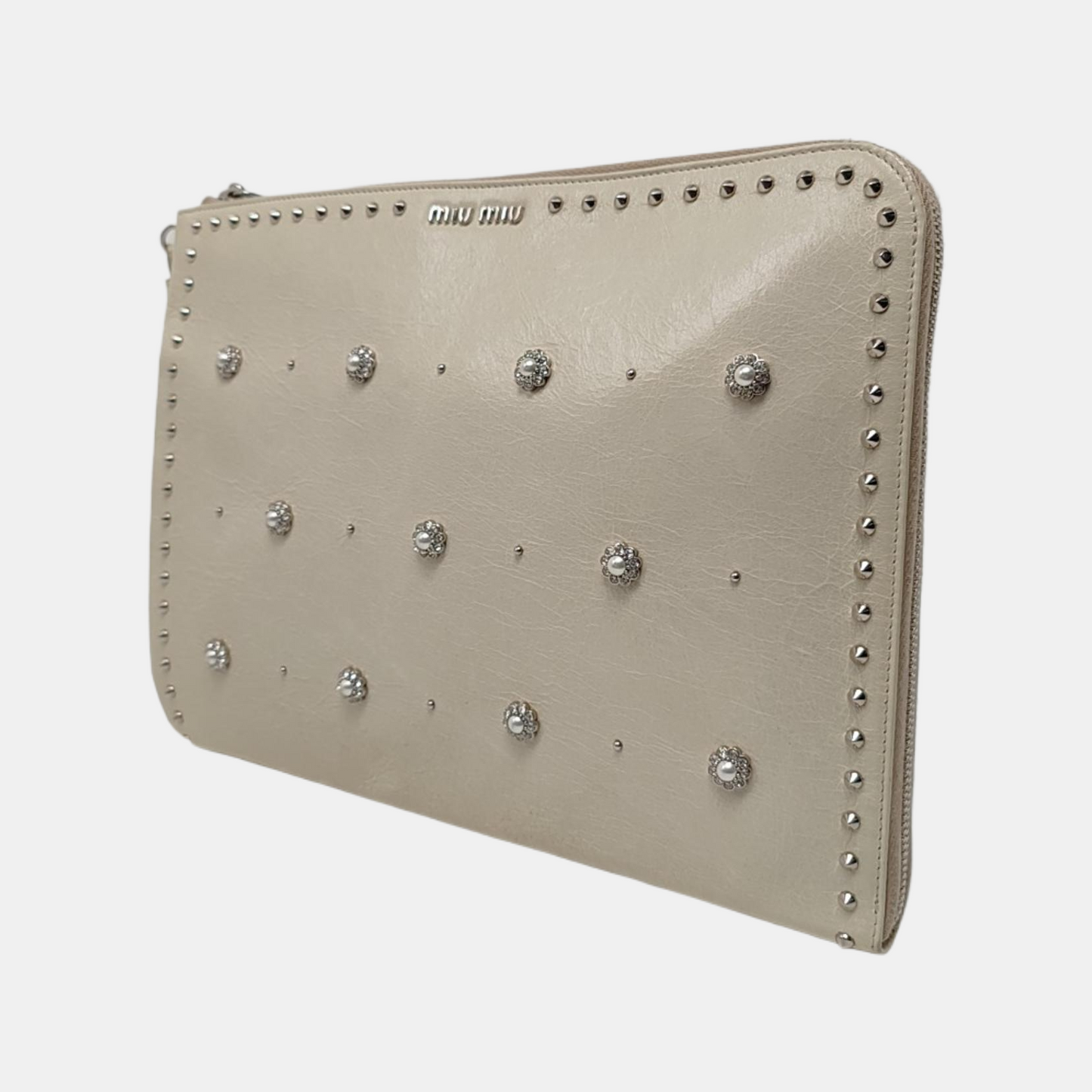 Miu Miu Beige Cowhide Studs Handbag Silver Hardware-(SKU)-957040349