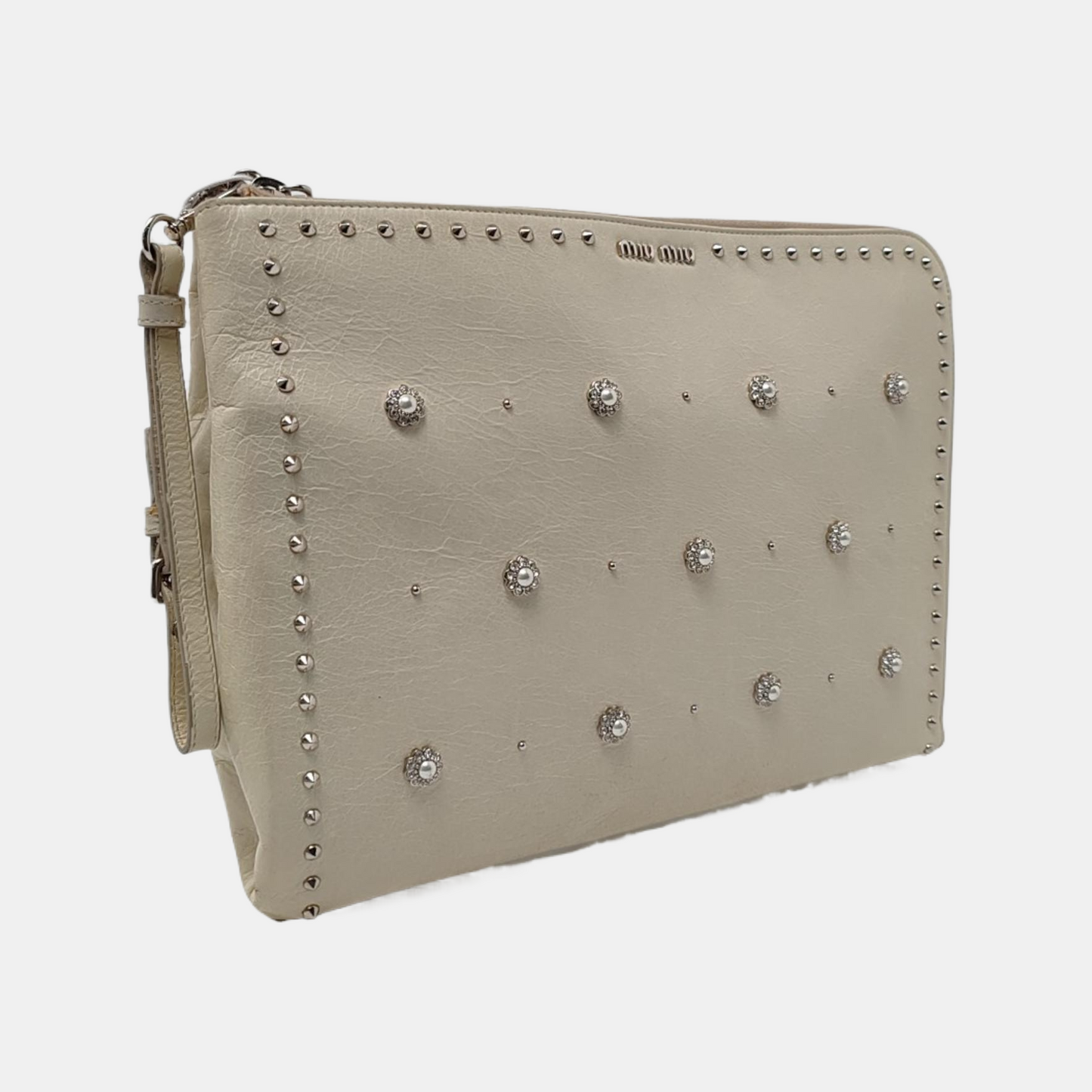 Miu Miu Beige Cowhide Studs Handbag Silver Hardware-(SKU)-957040349