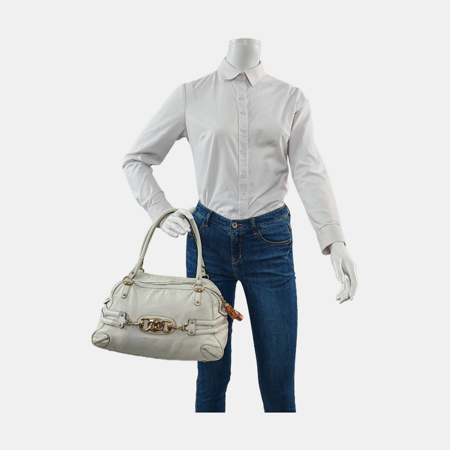 GUCCI Tote bag White leather bamboo harness buckle single shoulder bag handbag Golden hardware-(SKU)-957008402