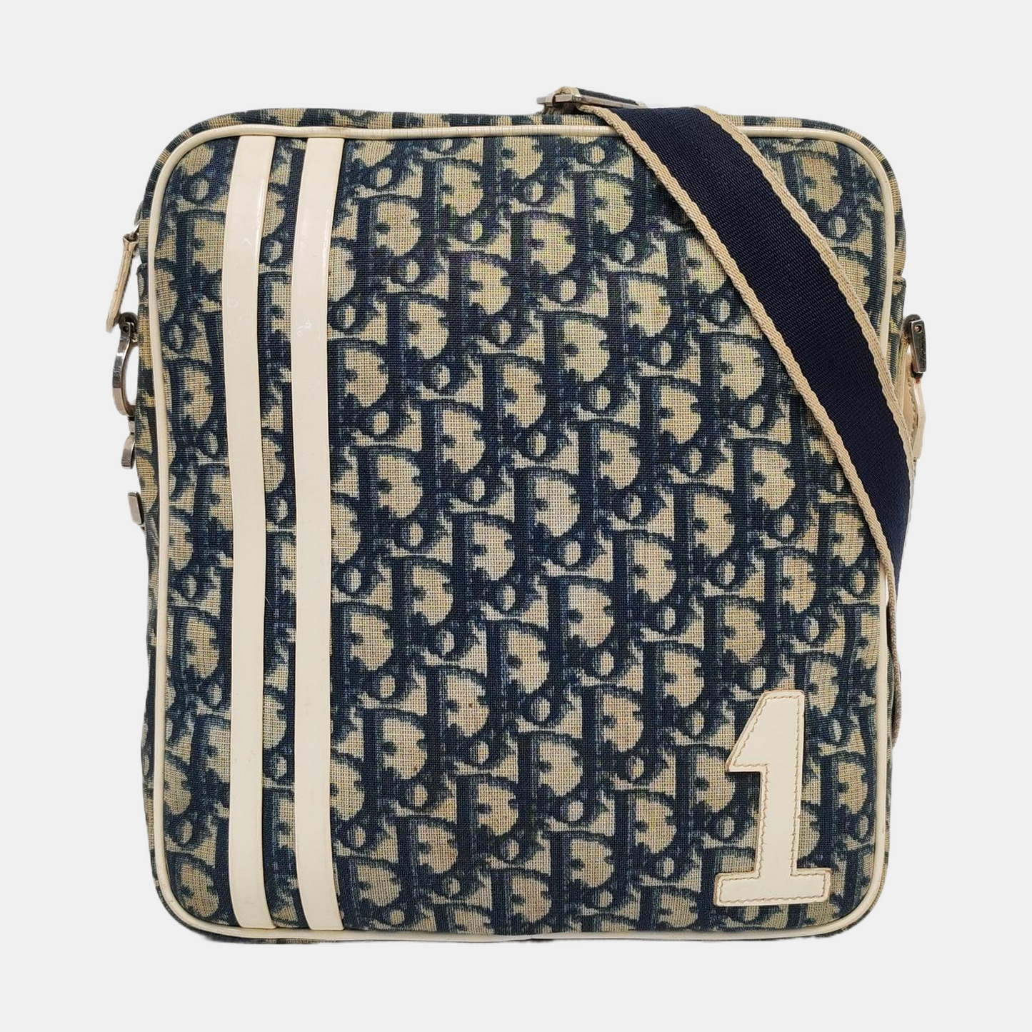 DIOR Dark Blue Coated Canvas Monogram Crossbody Shoulder Bag Silver Hardware-(SKU)-957328406
