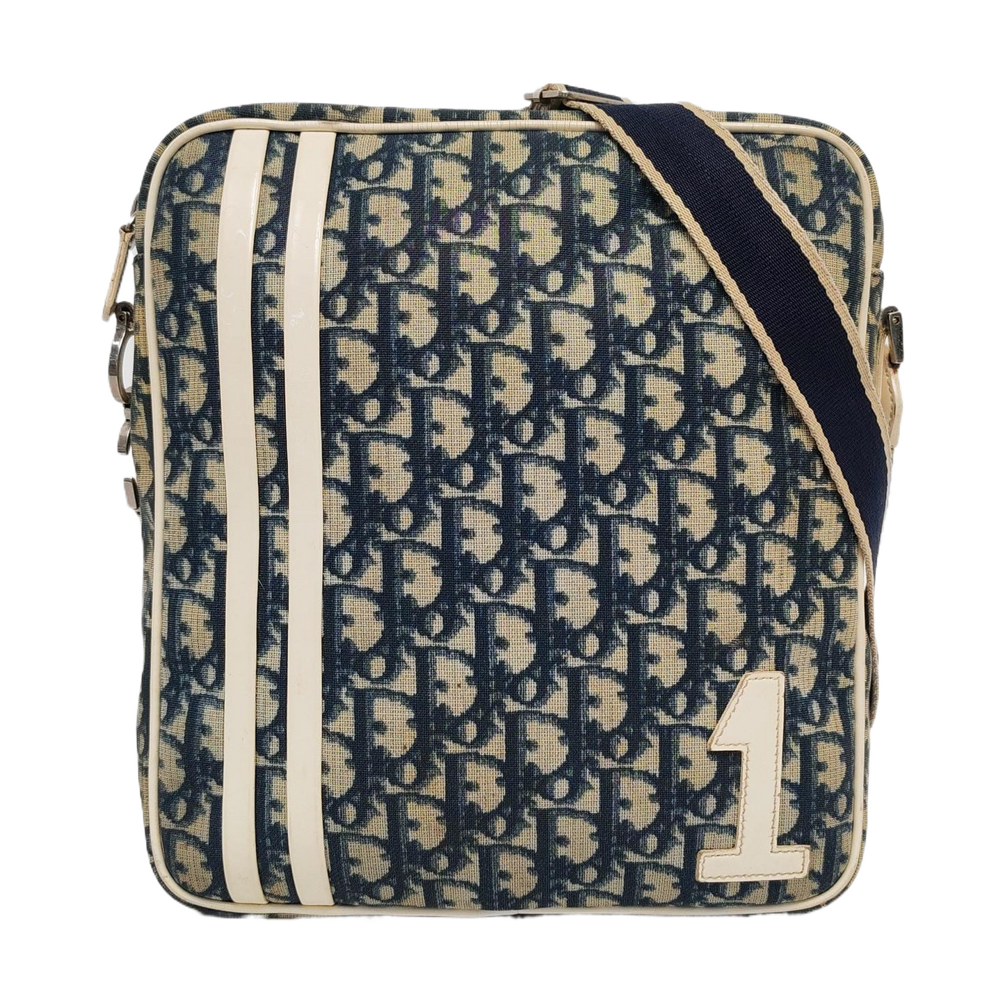 DIOR Dark Blue Coated Canvas Monogram Crossbody Shoulder Bag Silver Hardware-(SKU)-957328406