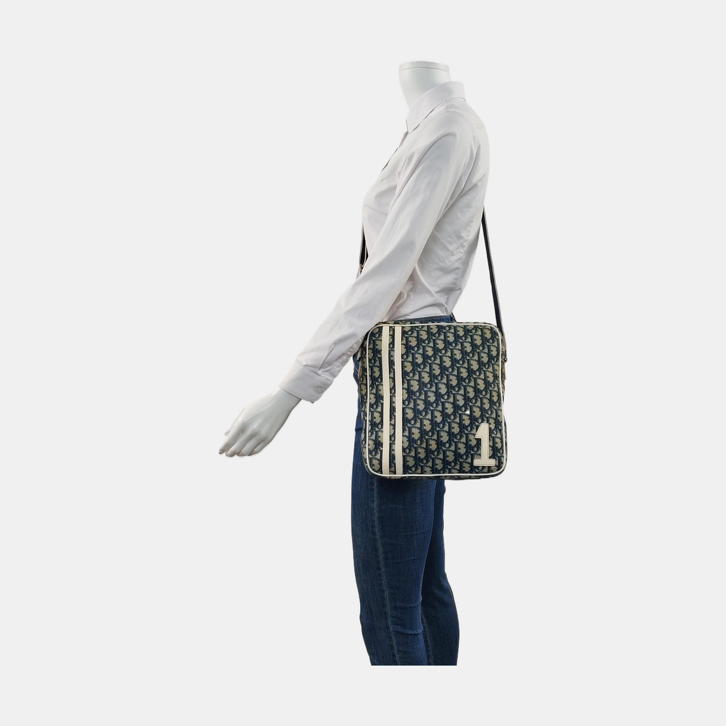 DIOR Dark Blue Coated Canvas Monogram Crossbody Shoulder Bag Silver Hardware-(SKU)-957328406