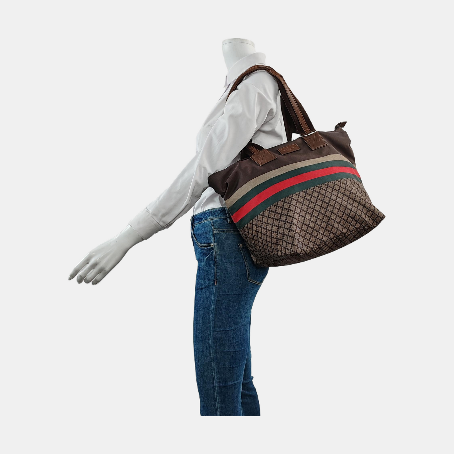 GUCCI Brown nylon monogram striped strap handbag crossbody shoulder tote Golden hardware-(SKU)-957584034