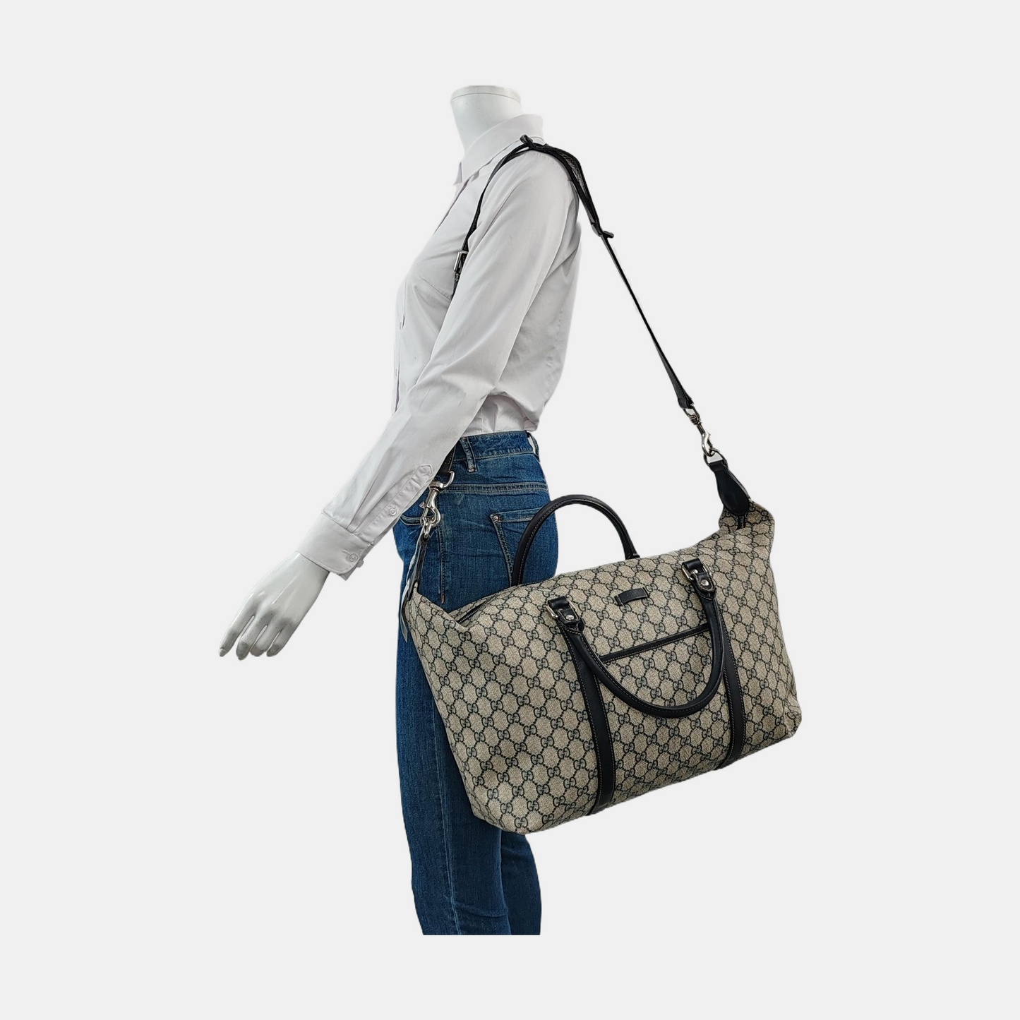 GUCCI Tote bag Beige Coated Canvas Monogram Single Shoulder Bag Handbag Crossbody Silver Hardware Removable shoulder strap-(SKU)-957584029