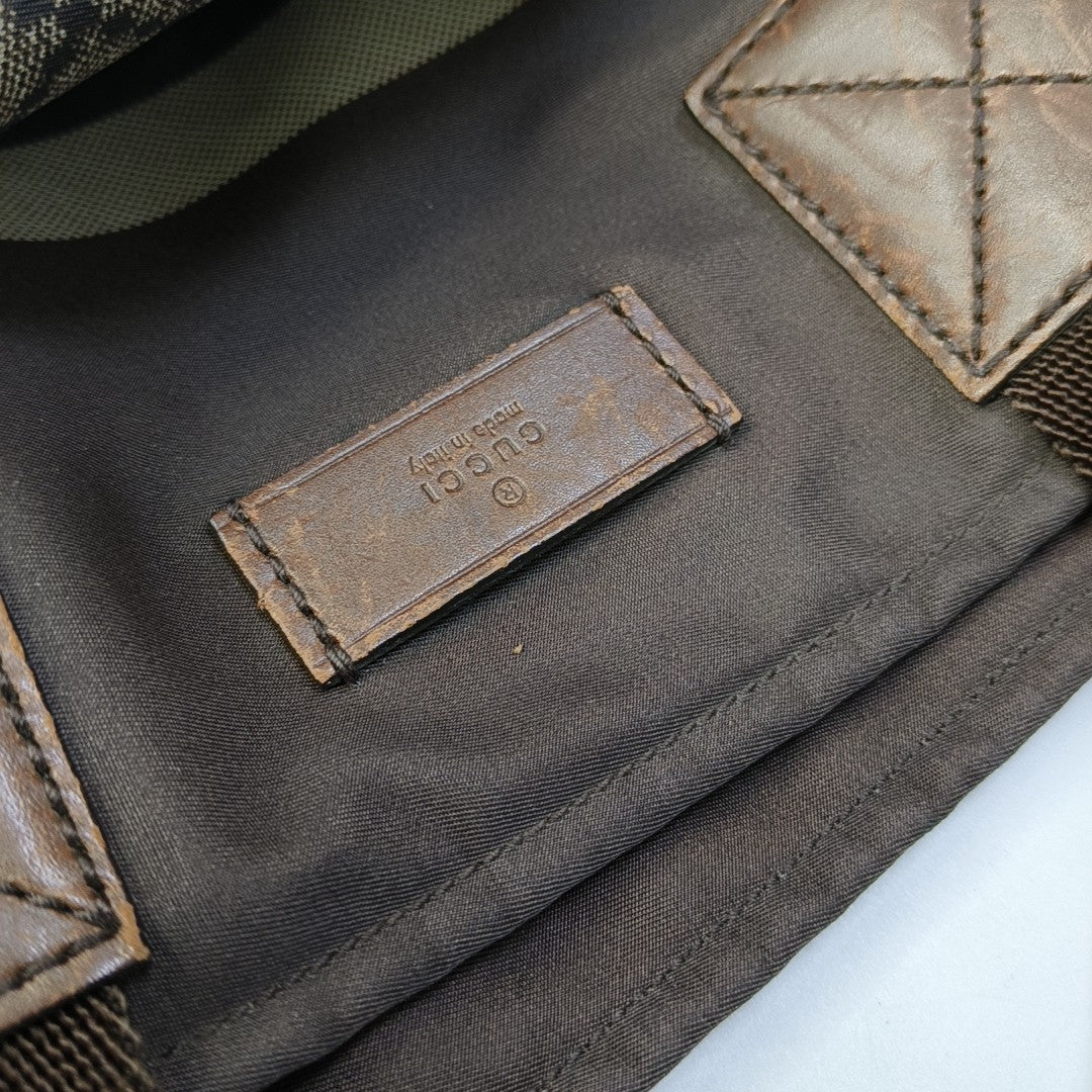 GUCCI Brown nylon monogram striped strap handbag crossbody shoulder tote Golden hardware-(SKU)-957584034