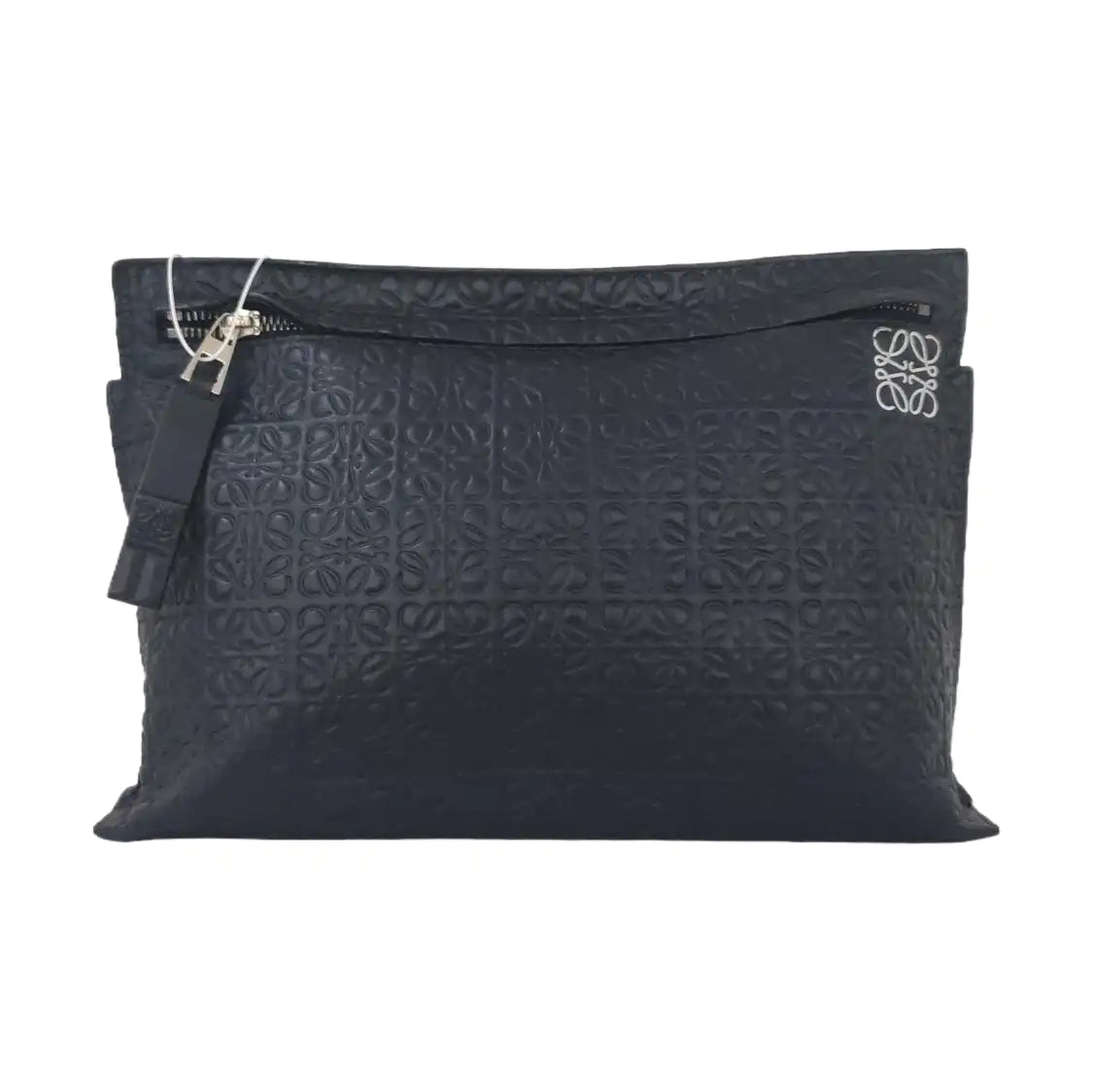 LOEWE T Pouch Black Cowhide Textured Monogrammed Coin Purse Silver Hardware-(SKU)-957345146