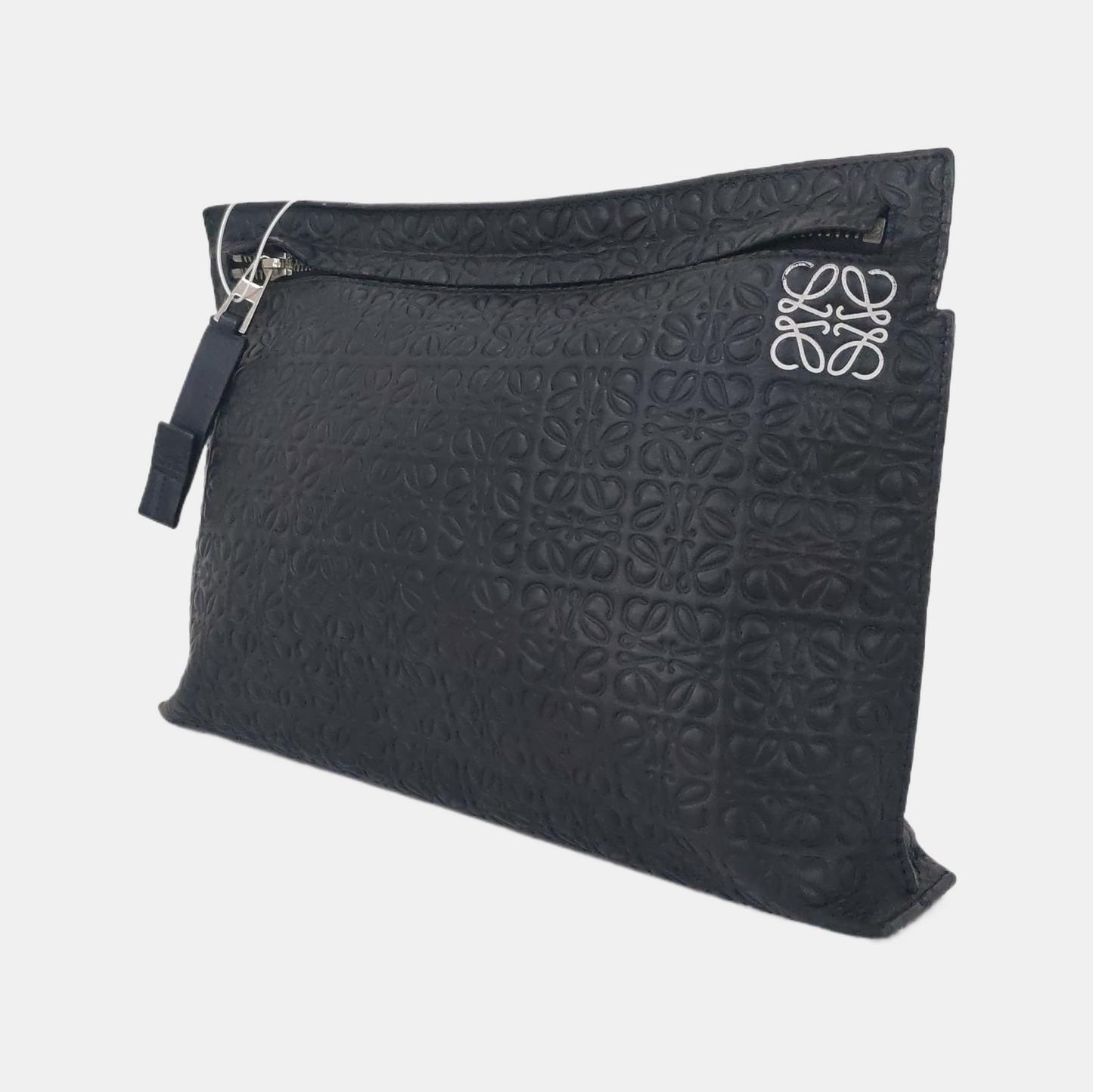 LOEWE T Pouch Black Cowhide Textured Monogrammed Coin Purse Silver Hardware-(SKU)-957345146