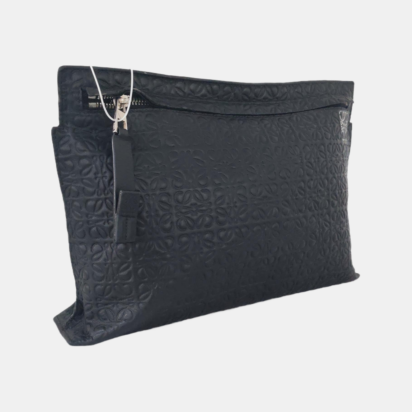 LOEWE T Pouch Black Cowhide Textured Monogrammed Coin Purse Silver Hardware-(SKU)-957345146