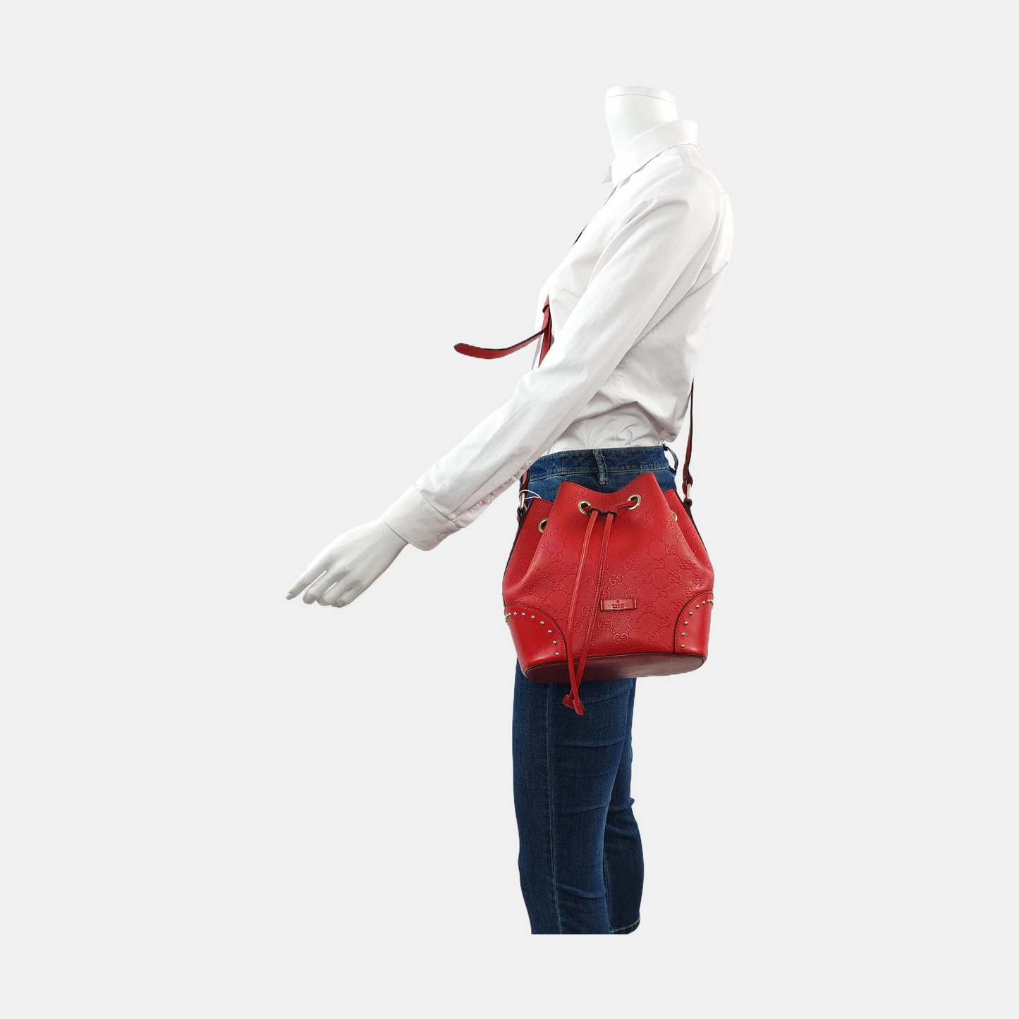 GUCCI Bucket bag Red Cowhide Monogrammed Studs Shoulder Bag Crossbody Bag Golden hardware-(SKU)-957386038