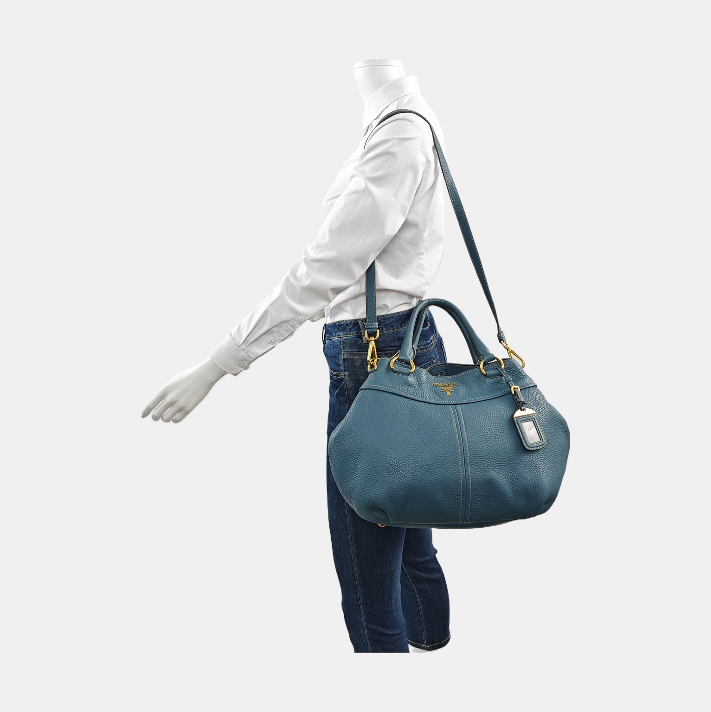 PRADA Tote bag Blue Cowhide Logo Shoulder Bag Handbag Golden hardware Removable shoulder strap-(SKU)-957689174