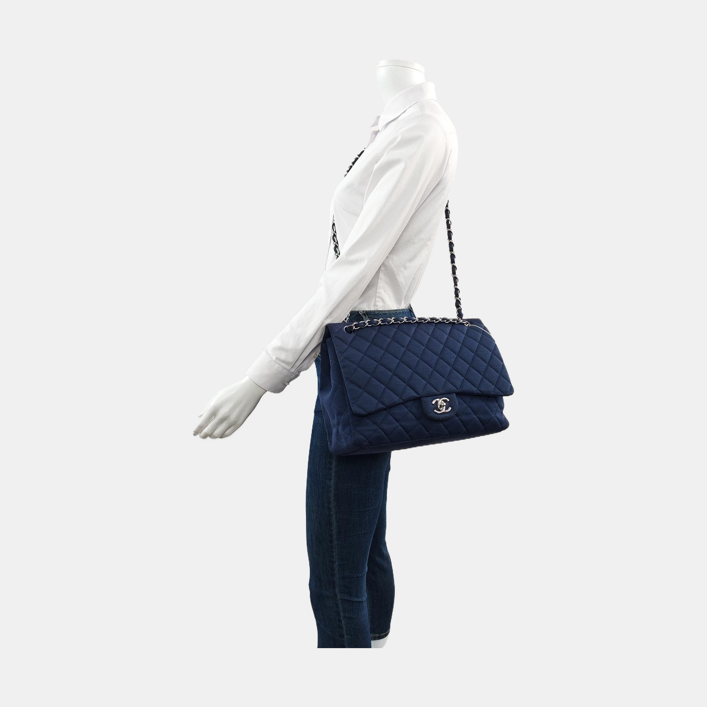 CHANEL CLASSIC FLAP Maxi Super Large Size Blue Fabric Quilted Jumbo Crossbody Shoulder Bag with 13 Clasp-(SKU)-957618087