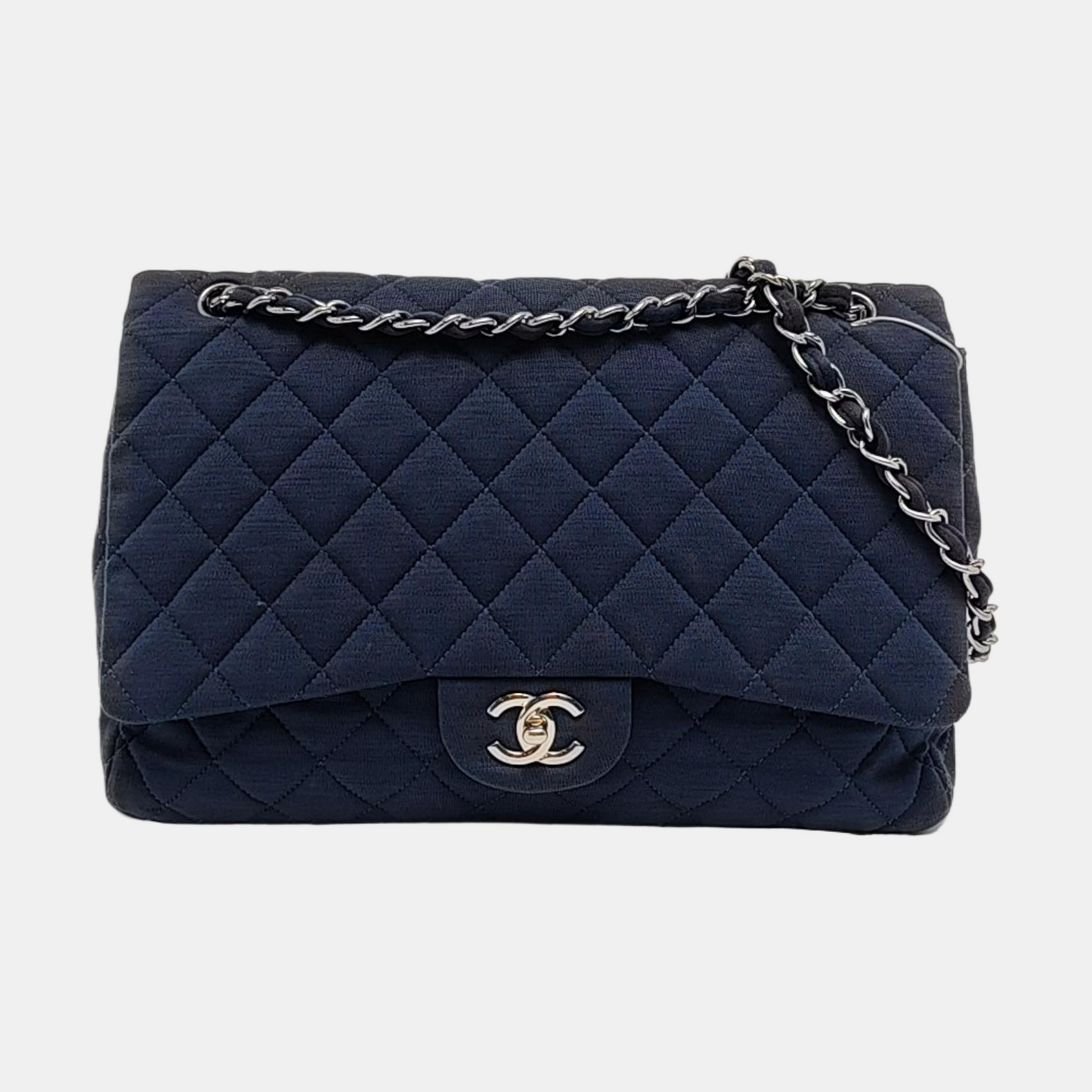 CHANEL CLASSIC FLAP Maxi Super Large Size Blue Fabric Quilted Jumbo Crossbody Shoulder Bag with 13 Clasp-(SKU)-957618087