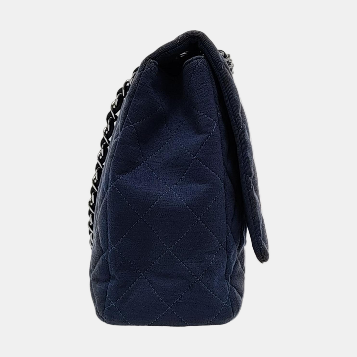 CHANEL CLASSIC FLAP Maxi Super Large Size Blue Fabric Quilted Jumbo Crossbody Shoulder Bag with 13 Clasp-(SKU)-957618087