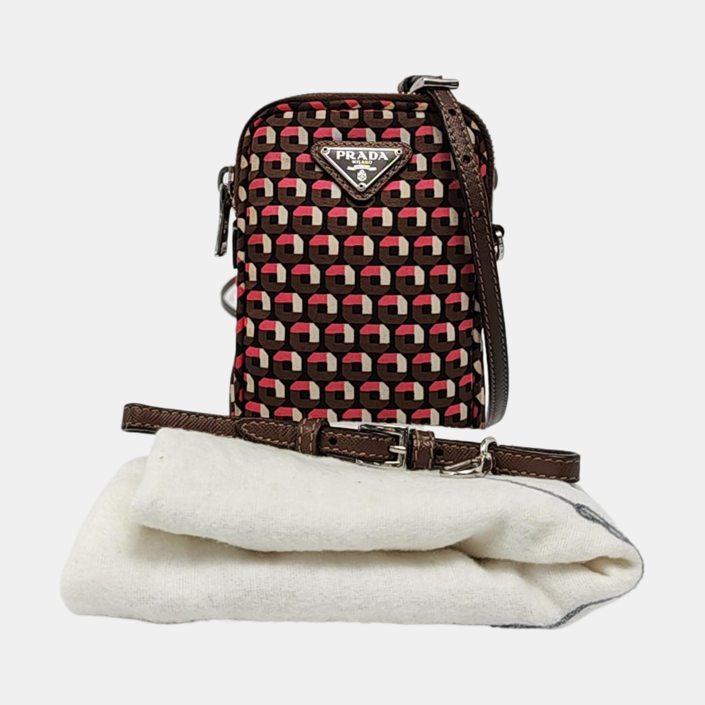PRADA Cell Phone Bag Brown Nylon Monogrammed Printed Single Shoulder Bag Crossbody Silver Hardware Removable shoulder strap-(SKU)-957241212