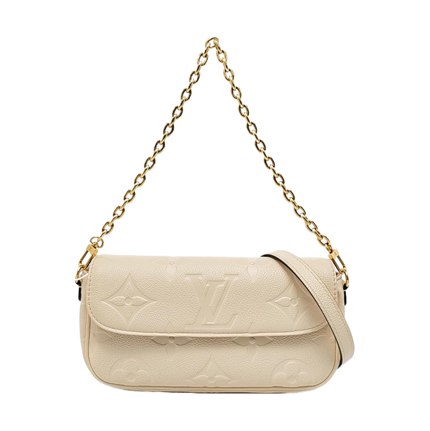 LOUIS VUITTON IVY Beige Leather Monogram Embossed Shoulder Bag Handbag Golden Hardware 2 Removable Straps-(SKU)-957574255