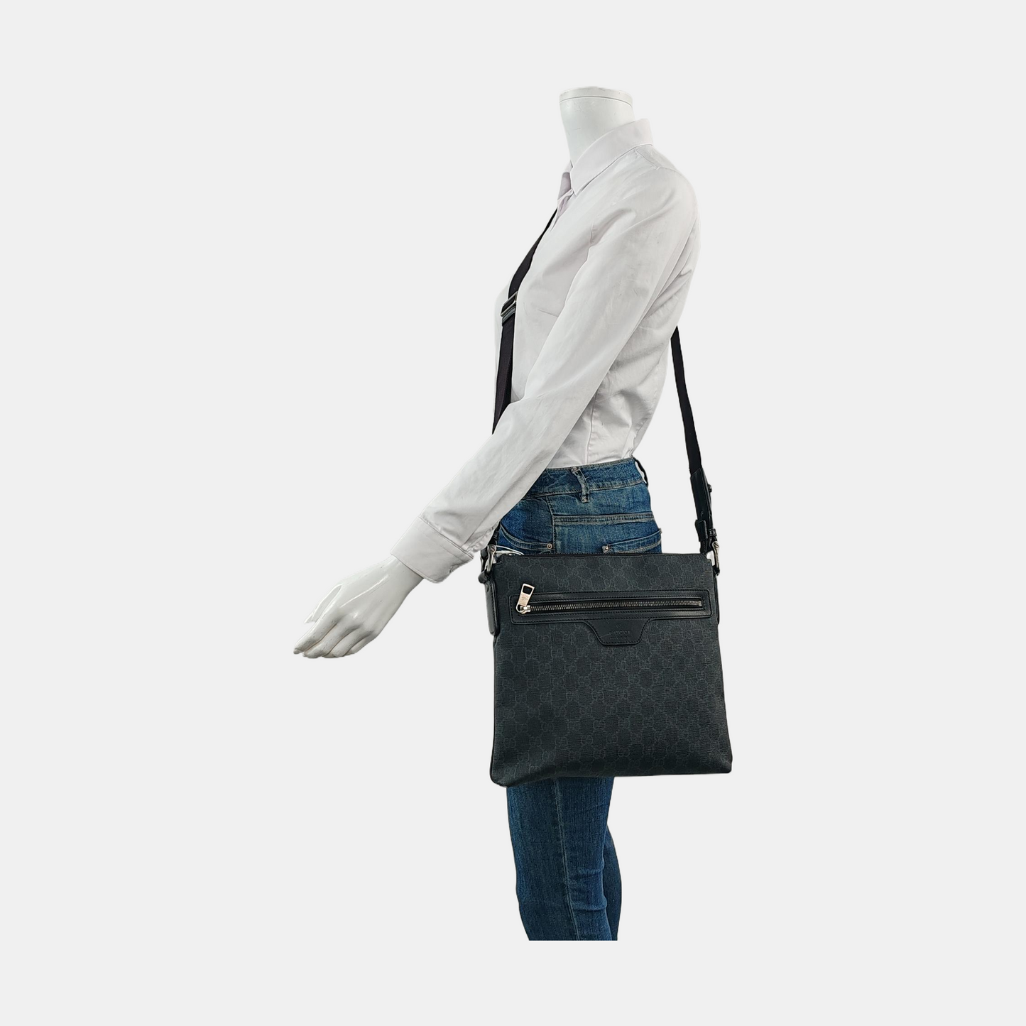 GUCCI Black Coated Canvas Monogram Crossbody Bag Single Shoulder Bag Ruthenium color hardware-(SKU)-957797586