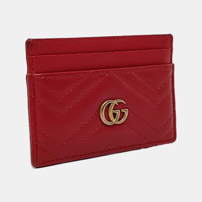 GUCCI GG Marmont Red leather quilted wave-pattern card holder Golden hardware-(SKU)-957726632