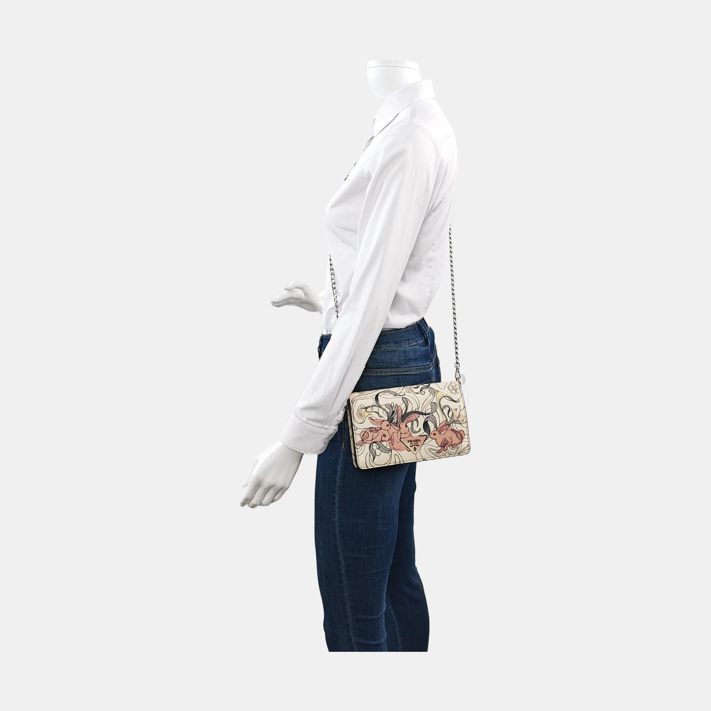 PRADA White Cowhide Printed Single Shoulder Bag Crossbody Bag Silver Hardware Removable shoulder strap-(SKU)-957734411