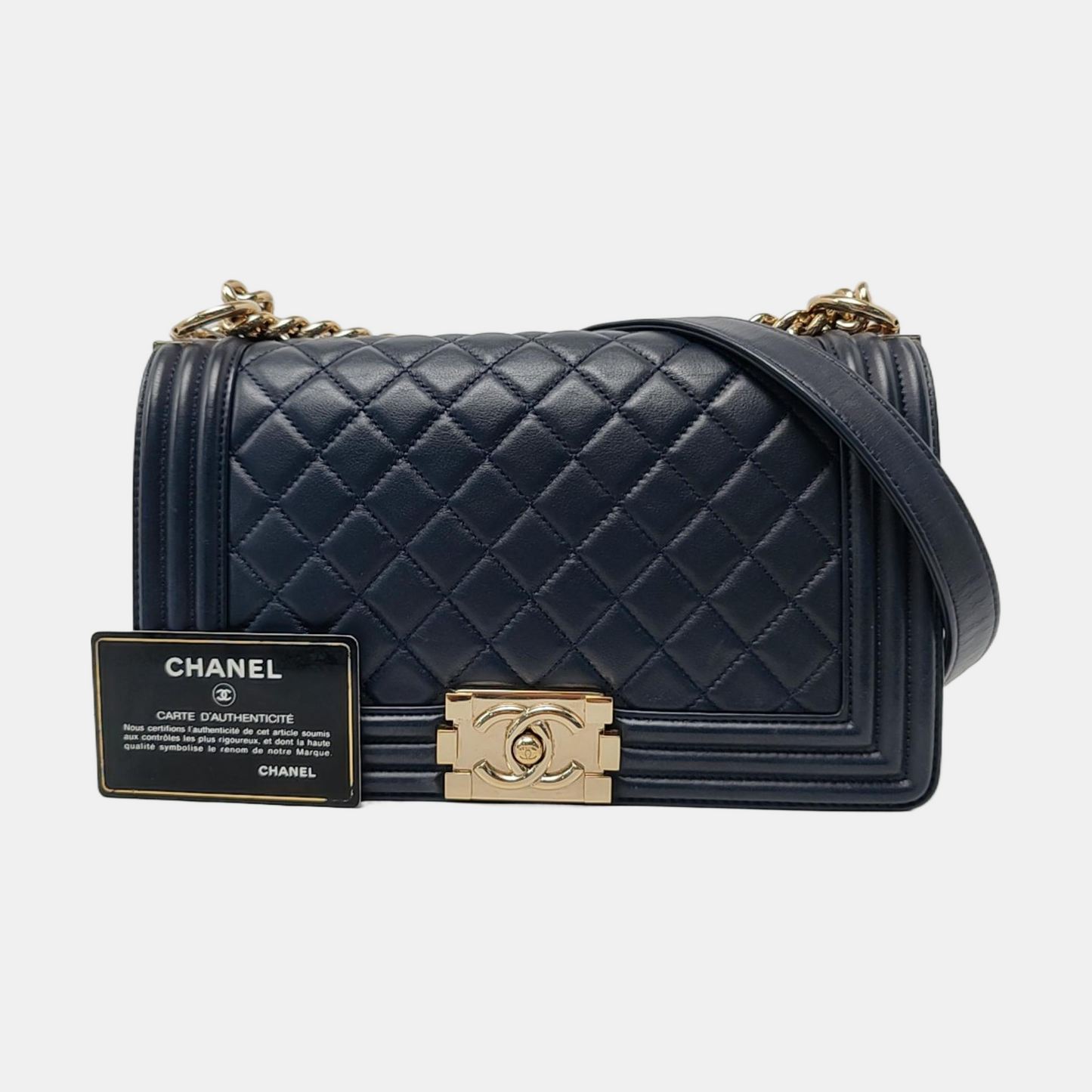 CHANEL BOY CHANEL Medium Deep Blue Leather Grained Crossbody Bag Single Shoulder Bag with Gold Hardware 25 opening Removable Strap-(SKU)-957834137