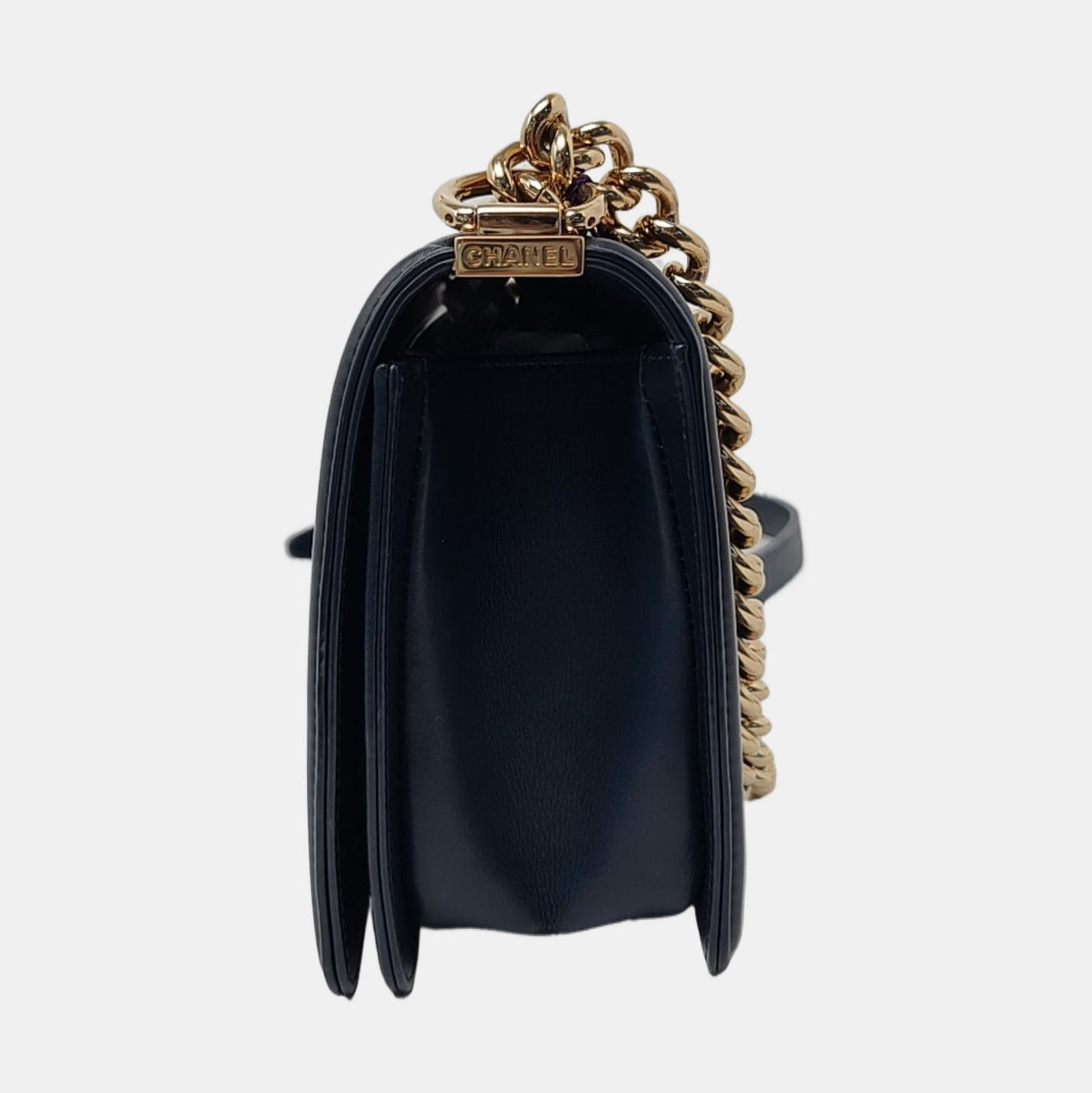 CHANEL BOY CHANEL Medium Deep Blue Leather Grained Crossbody Bag Single Shoulder Bag with Gold Hardware 25 opening Removable Strap-(SKU)-957834137