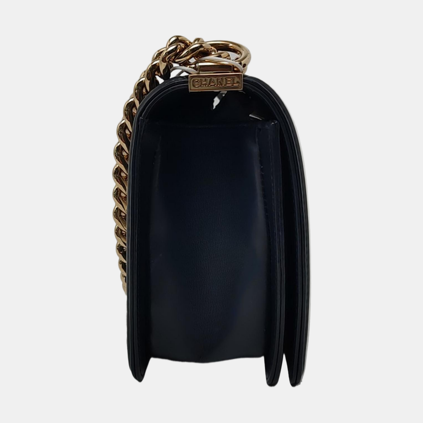 CHANEL BOY CHANEL Medium Deep Blue Leather Grained Crossbody Bag Single Shoulder Bag with Gold Hardware 25 opening Removable Strap-(SKU)-957834137