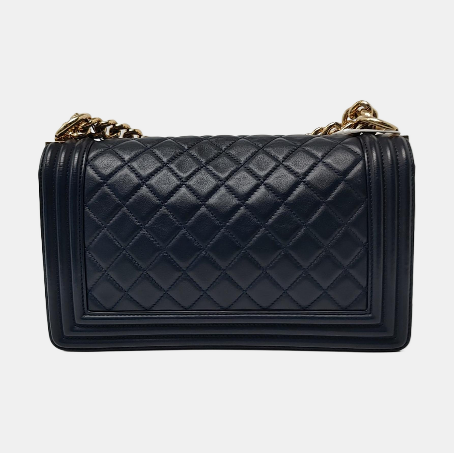 CHANEL BOY CHANEL Medium Deep Blue Leather Grained Crossbody Bag Single Shoulder Bag with Gold Hardware 25 opening Removable Strap-(SKU)-957834137
