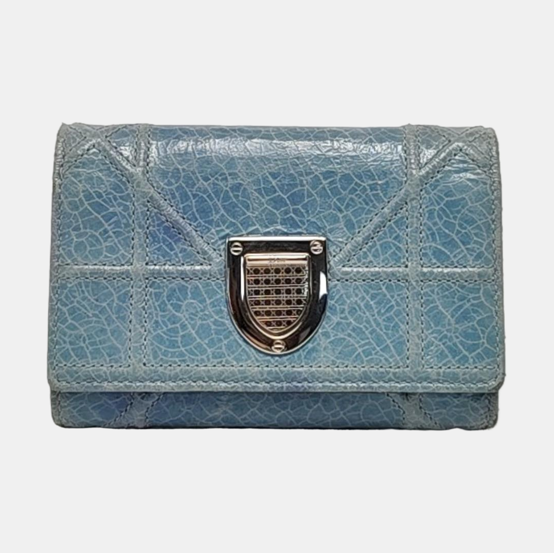 DIOR Diorama Blue Cowhide Herringbone Quilted Shield Bag Wallet Silver Hardware-(SKU)-958202487