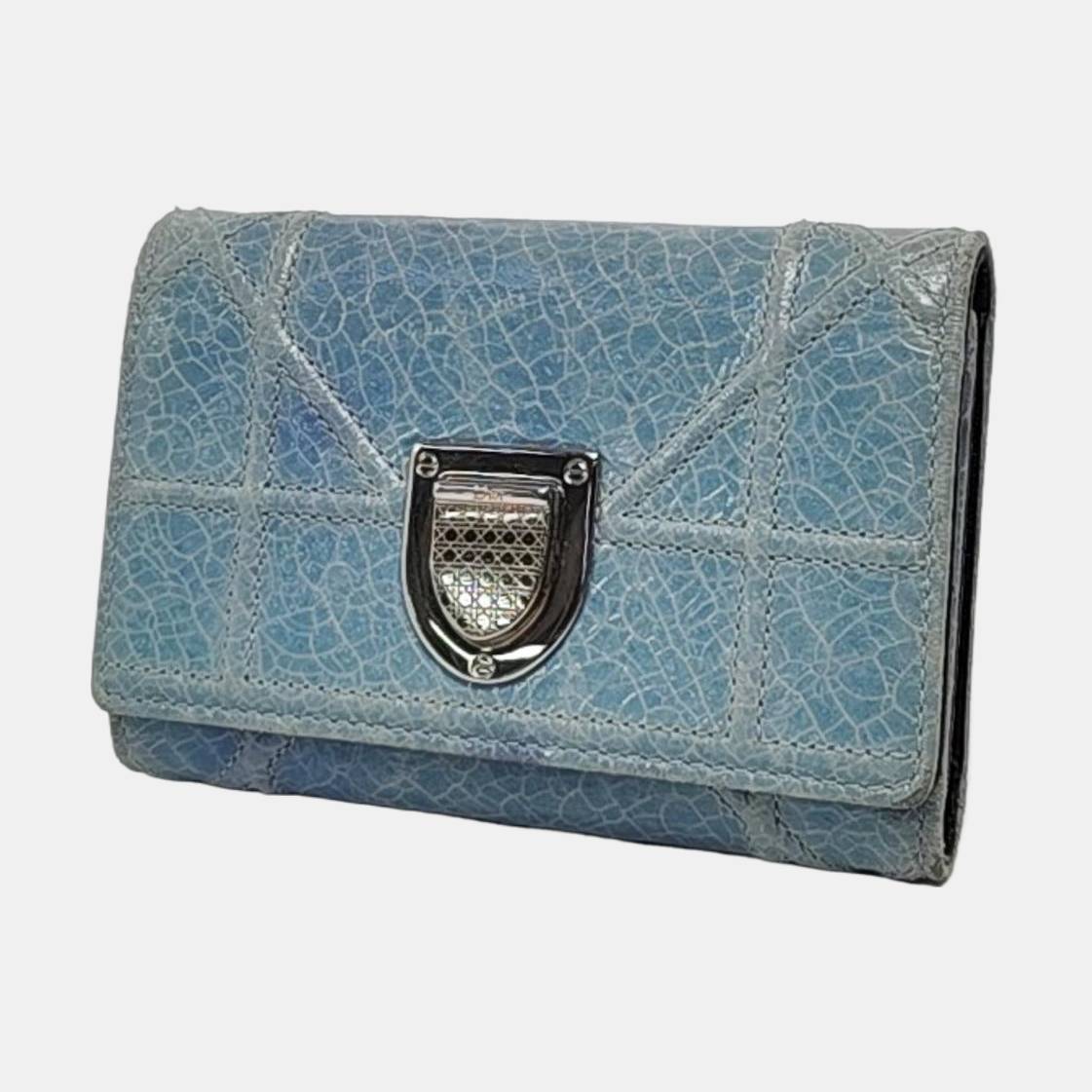 DIOR Diorama Blue Cowhide Herringbone Quilted Shield Bag Wallet Silver Hardware-(SKU)-958202487