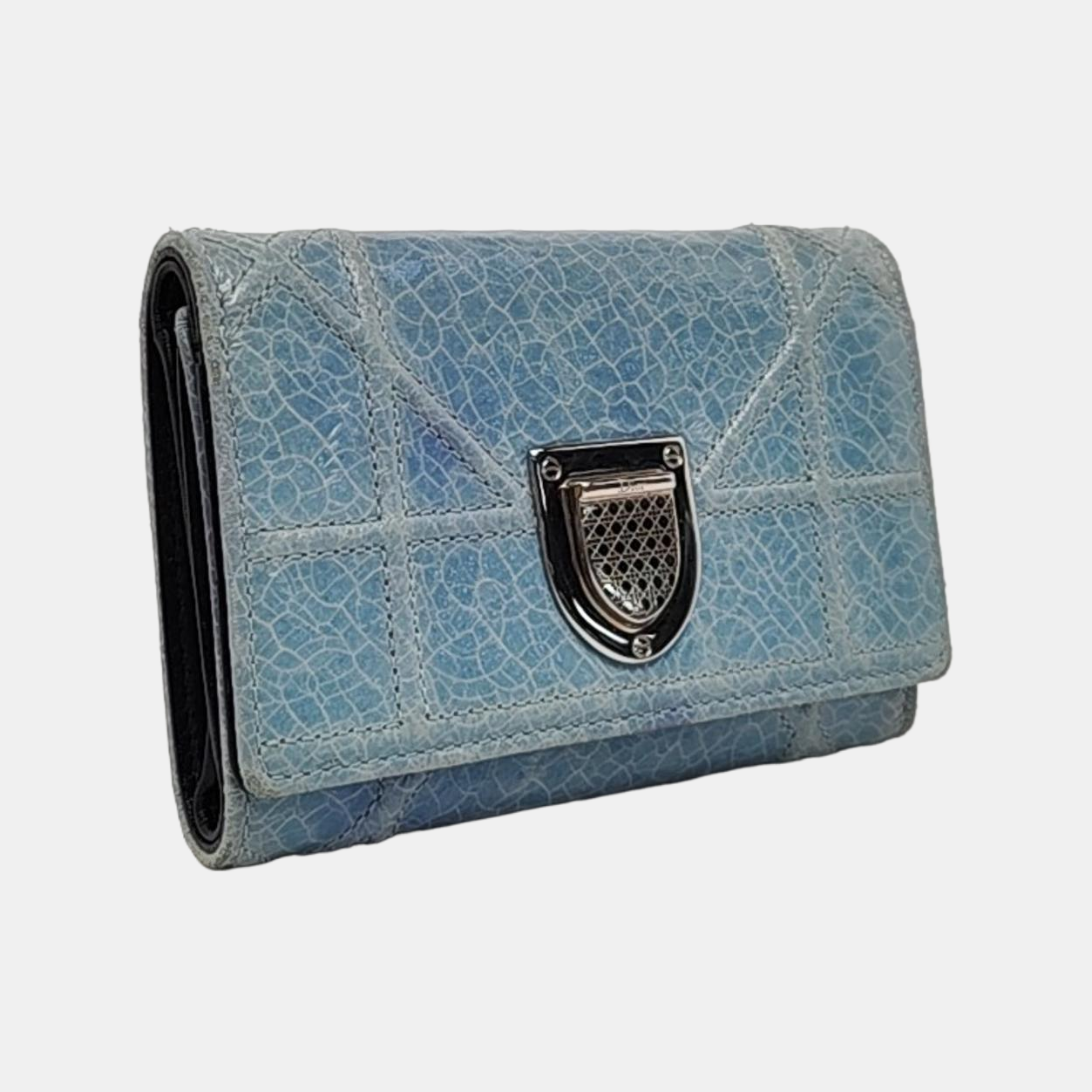 DIOR Diorama Blue Cowhide Herringbone Quilted Shield Bag Wallet Silver Hardware-(SKU)-958202487
