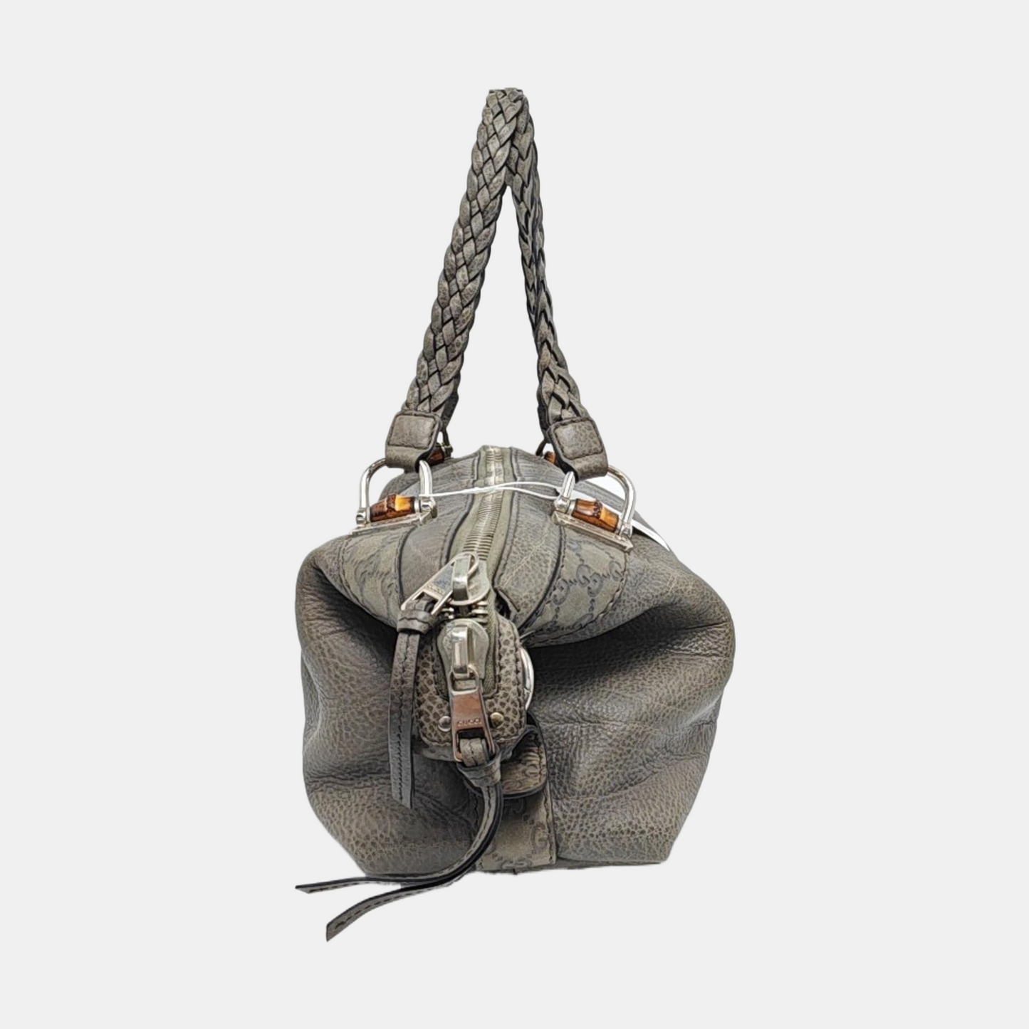 GUCCI Bamboo 1947 Medium size Elephant Gray Cowhide Monogram Woven Handbag, Single Shoulder Bag Silver Hardware-(SKU)-958140383