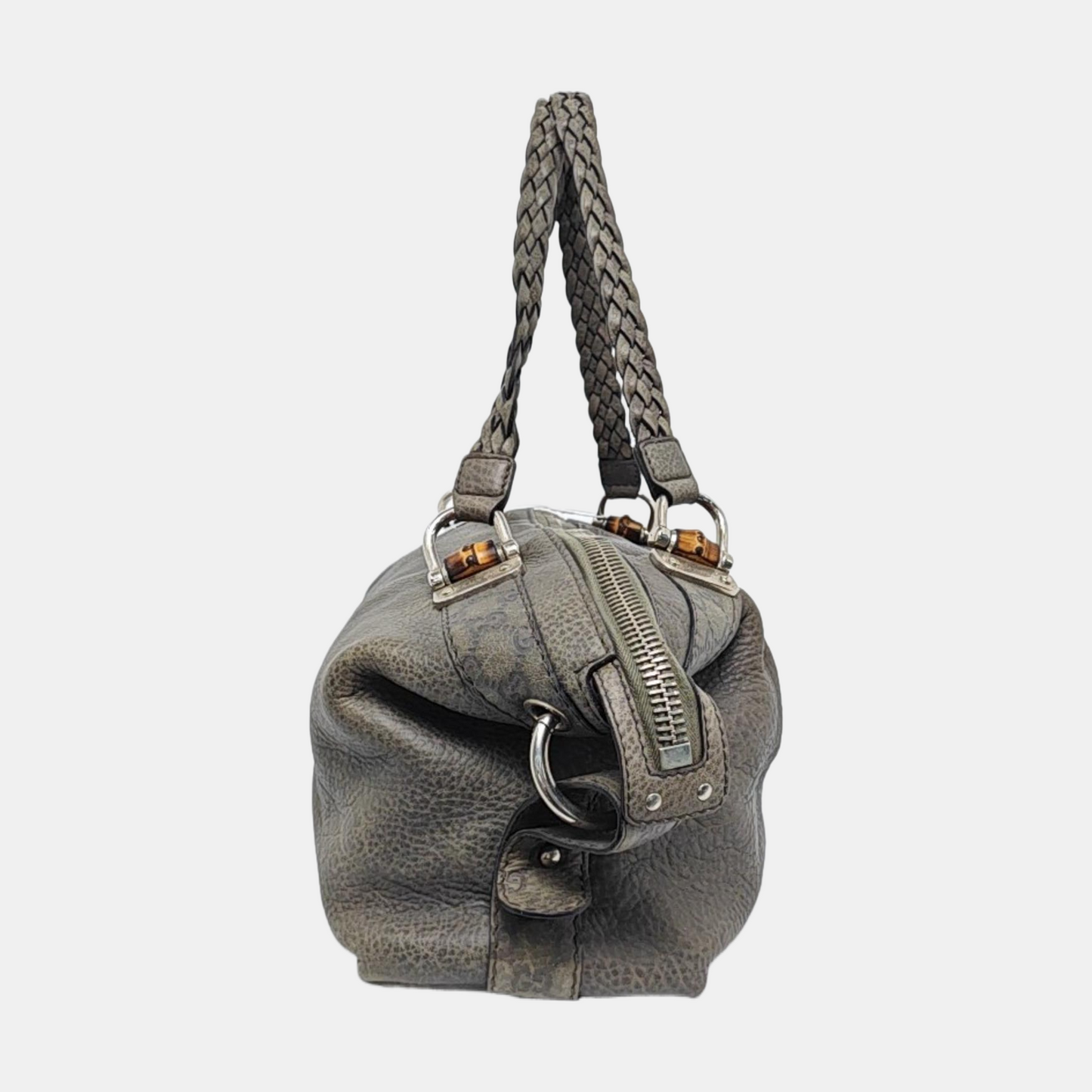 GUCCI Bamboo 1947 Medium size Elephant Gray Cowhide Monogram Woven Handbag, Single Shoulder Bag Silver Hardware-(SKU)-958140383