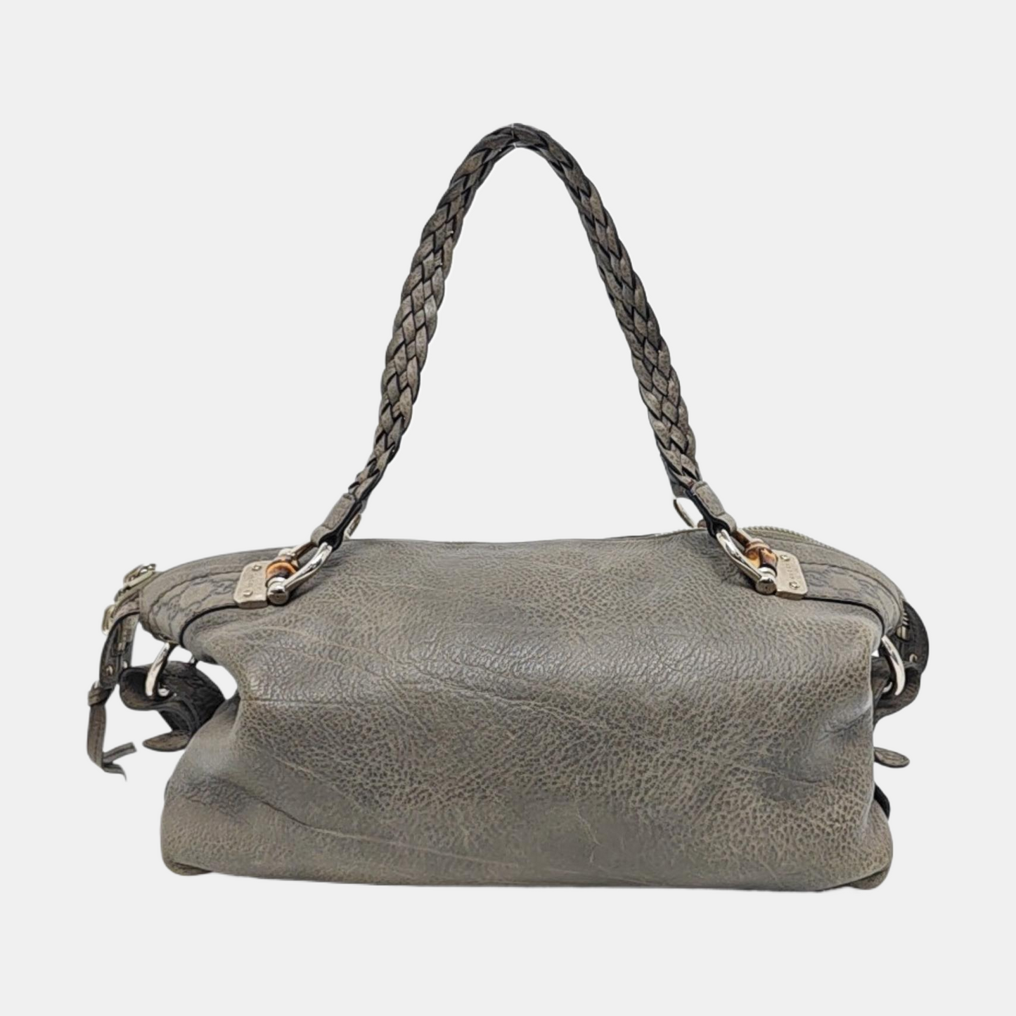 GUCCI Bamboo 1947 Medium size Elephant Gray Cowhide Monogram Woven Handbag, Single Shoulder Bag Silver Hardware-(SKU)-958140383