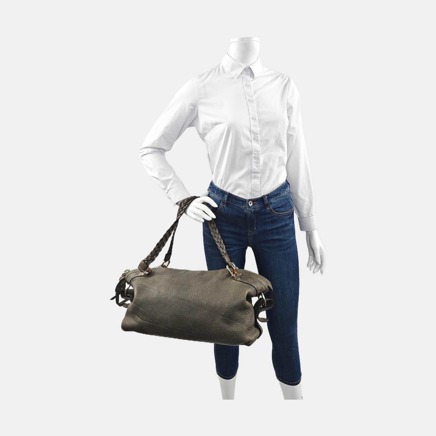GUCCI Bamboo 1947 Medium size Elephant Gray Cowhide Monogram Woven Handbag, Single Shoulder Bag Silver Hardware-(SKU)-958140383