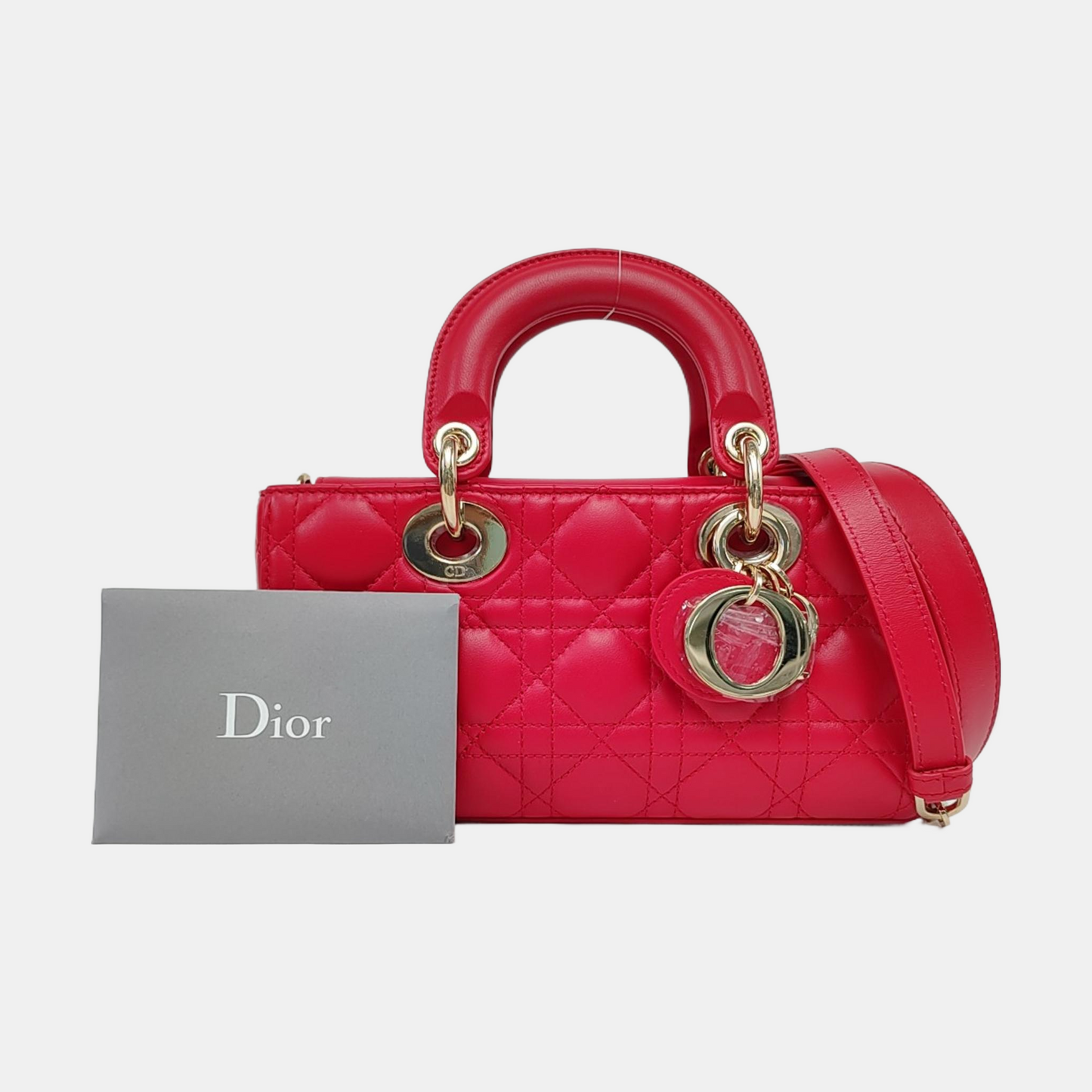 DIOR Lady D-Joy Small Red Lamb Skin Quilted Cannage Five-Panel Shoulder Bag with Detachable Strap, Gold Hardware-(SKU)-958281781