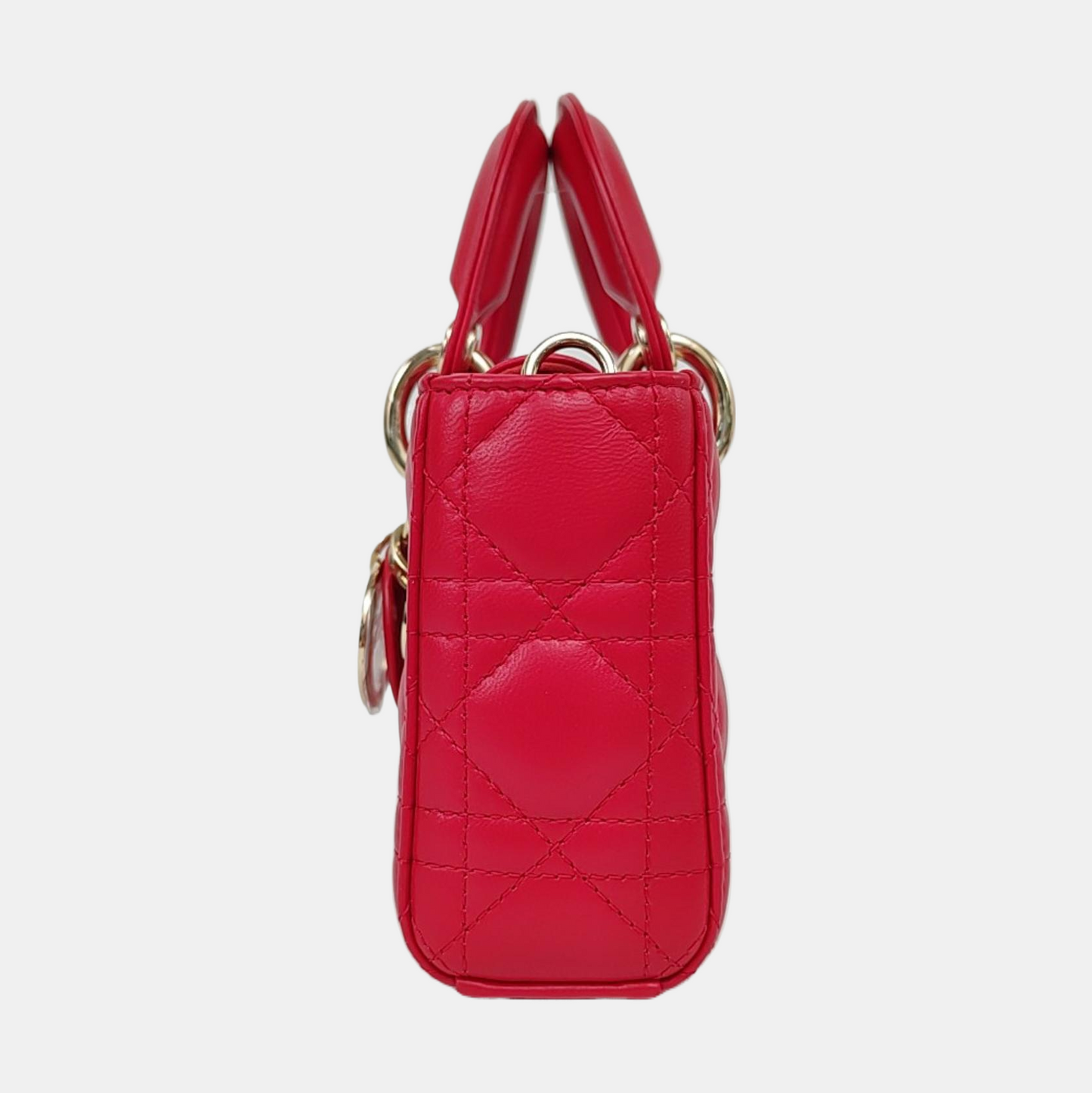 DIOR Lady D-Joy Small Red Lamb Skin Quilted Cannage Five-Panel Shoulder Bag with Detachable Strap, Gold Hardware-(SKU)-958281781
