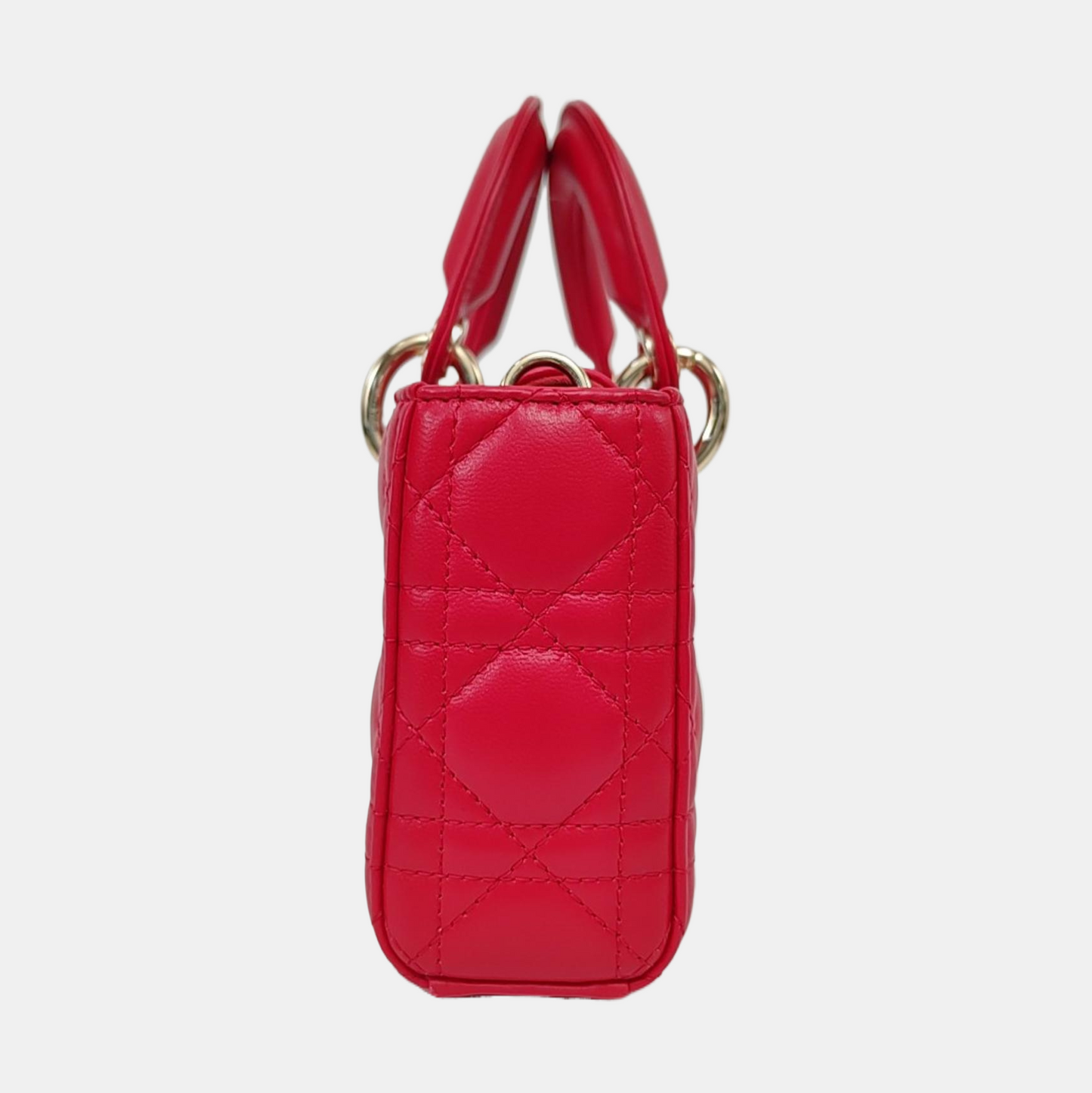 DIOR Lady D-Joy Small Red Lamb Skin Quilted Cannage Five-Panel Shoulder Bag with Detachable Strap, Gold Hardware-(SKU)-958281781