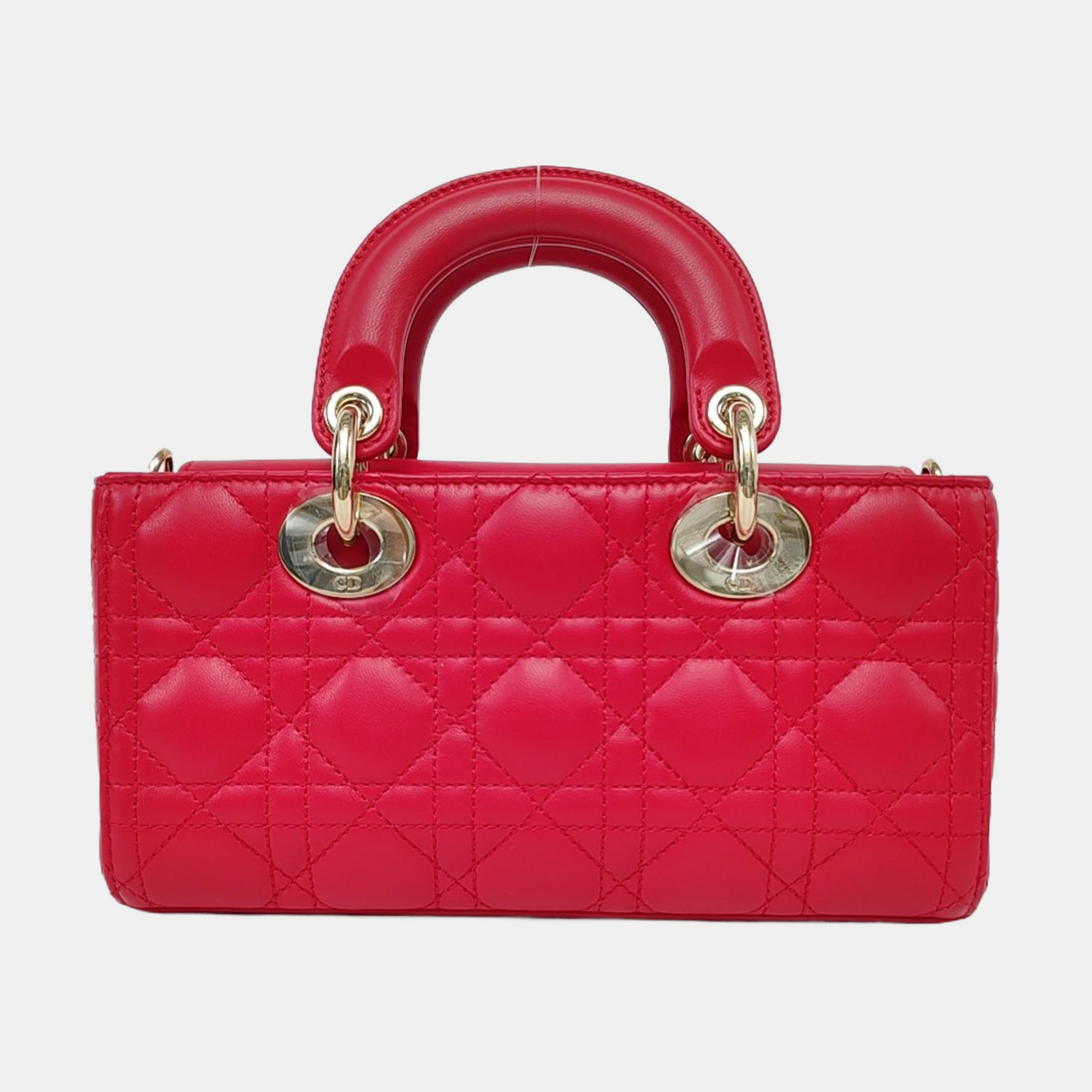 DIOR Lady D-Joy Small Red Lamb Skin Quilted Cannage Five-Panel Shoulder Bag with Detachable Strap, Gold Hardware-(SKU)-958281781