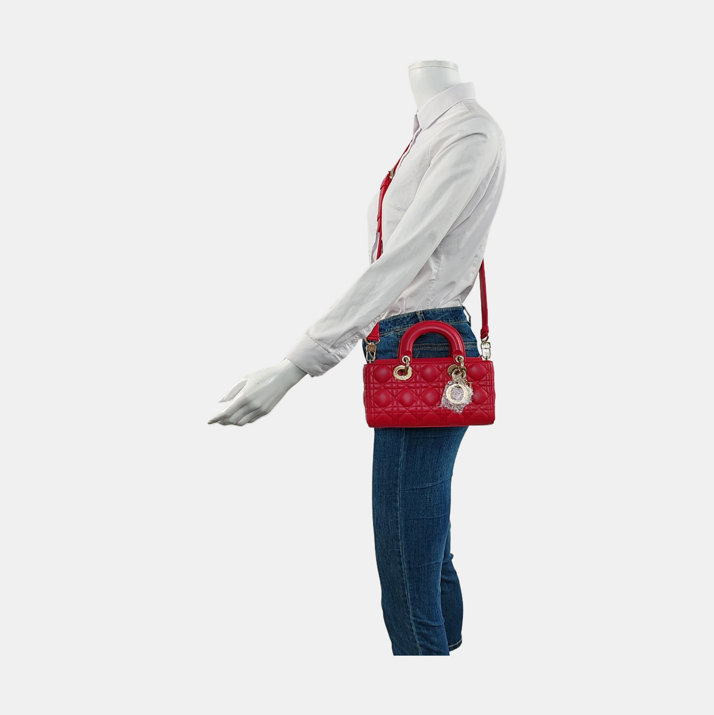 DIOR Lady D-Joy Small Red Lamb Skin Quilted Cannage Five-Panel Shoulder Bag with Detachable Strap, Gold Hardware-(SKU)-958281781