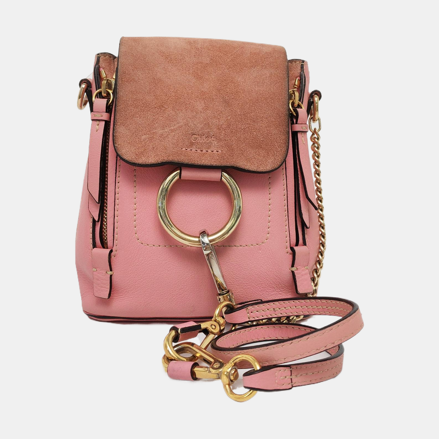 Chloé Faye mini Pink Cowhide Backpack Single Shoulder Bag Golden hardware shoulder straps-(SKU)-958394147