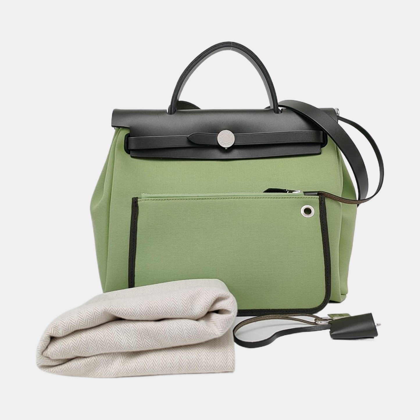 HERMÈS Herbag 31 Avocado Green Canvas Single Shoulder Bag Tote Crossbody with Silver Hardware Y Stamp Removable Shoulder Strap-(SKU)-958629290