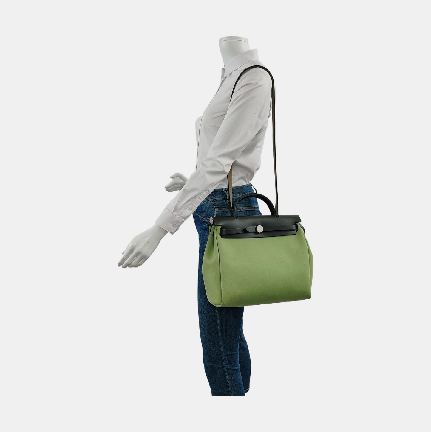 HERMÈS Herbag 31 Avocado Green Canvas Single Shoulder Bag Tote Crossbody with Silver Hardware Y Stamp Removable Shoulder Strap-(SKU)-958629290