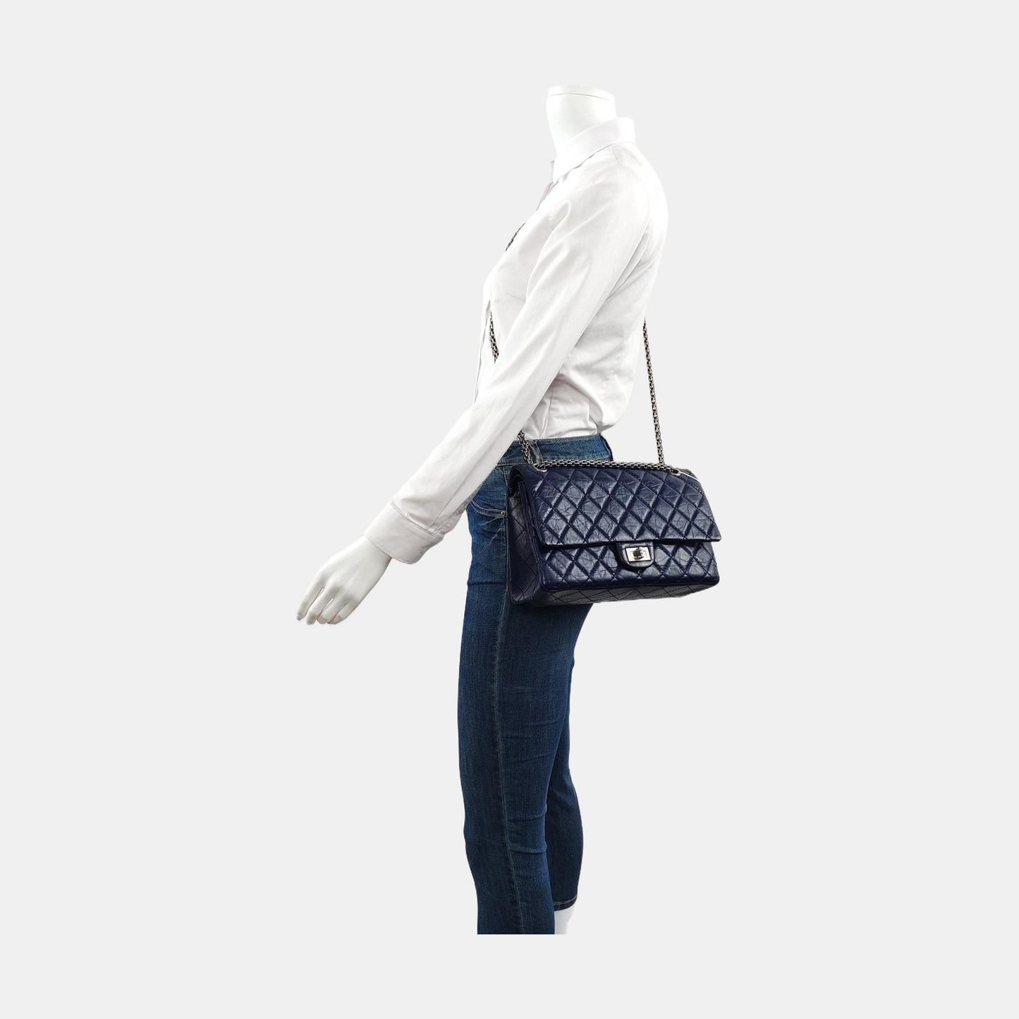 CHANEL 2.55 Large Deep Blue Vintage Calfskin Quilted Chevron Single Shoulder Bag with Palladium Hardware-(SKU)-955055136